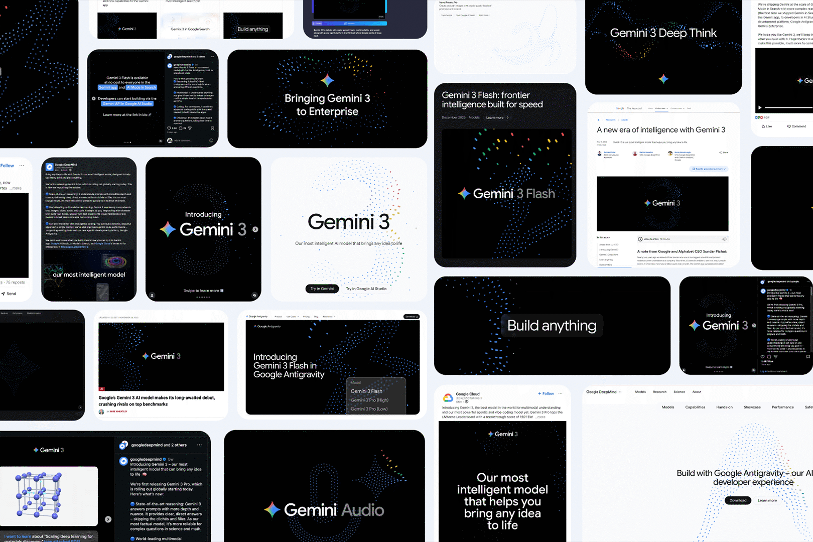 Collage of various Google Gemini branding screens, interfaces, and promotional graphic elements.