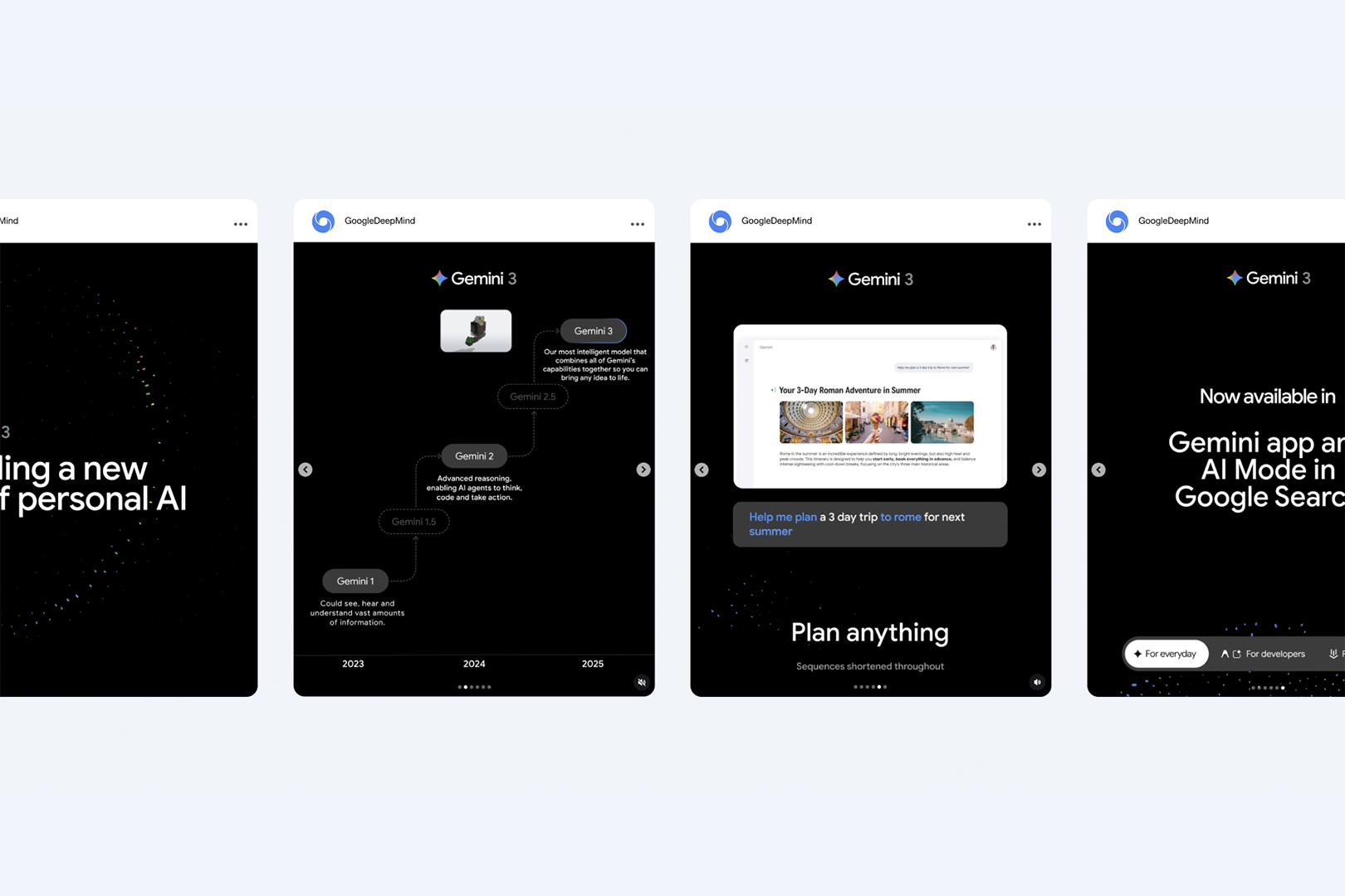 Four sequential screen mockups featuring Google Gemini AI brand identity design on dark backgrounds with typography and diagrams.