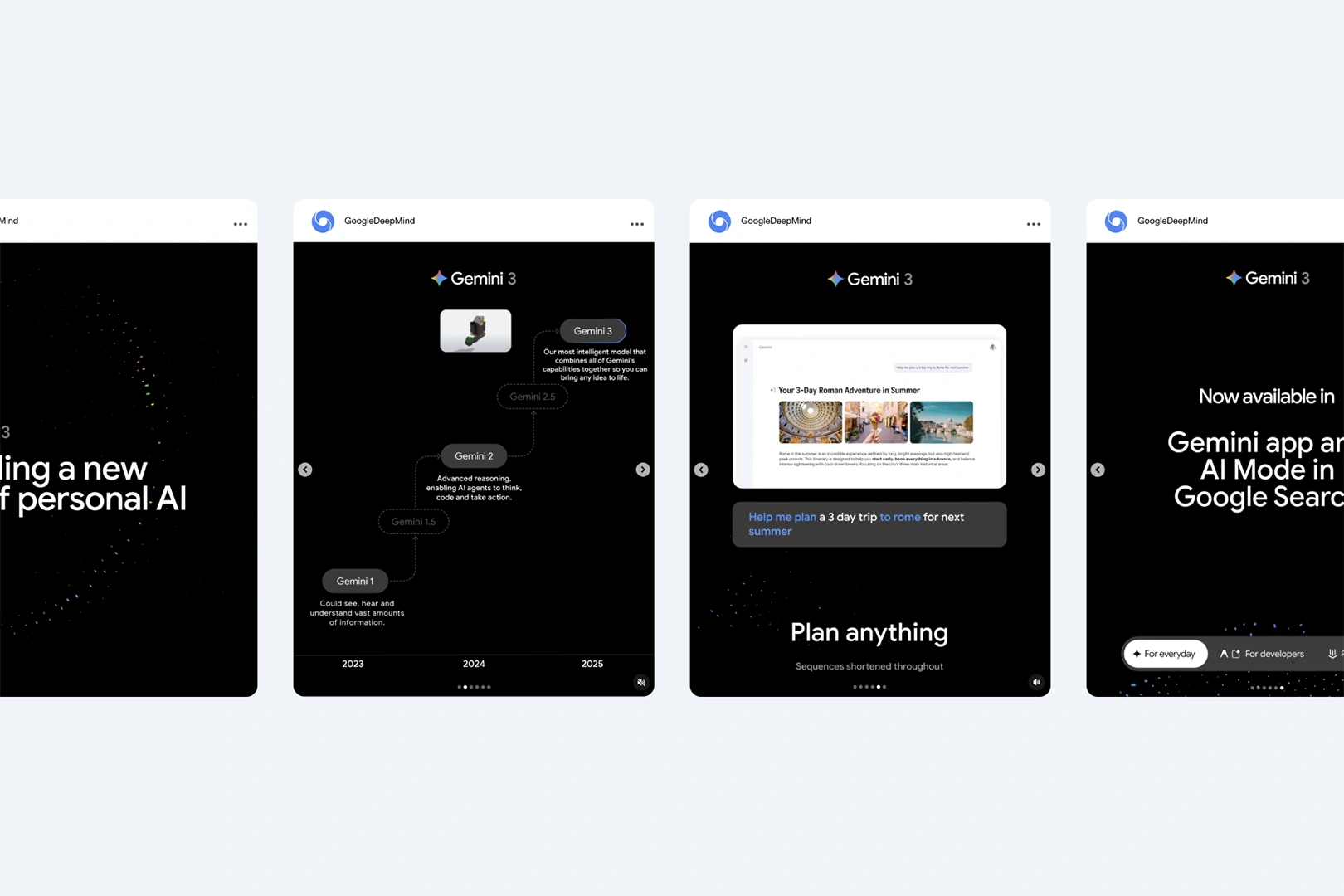 Four sequential screen mockups featuring Google Gemini AI brand identity design on dark backgrounds with typography and diagrams.