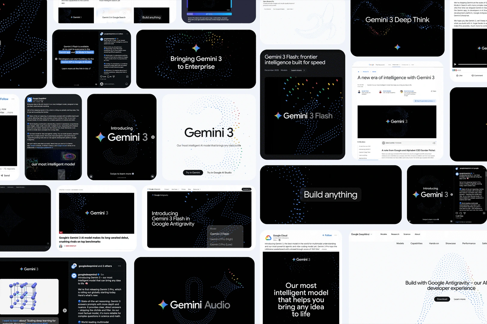 Collage of various Google Gemini branding screens, interfaces, and promotional graphic elements.