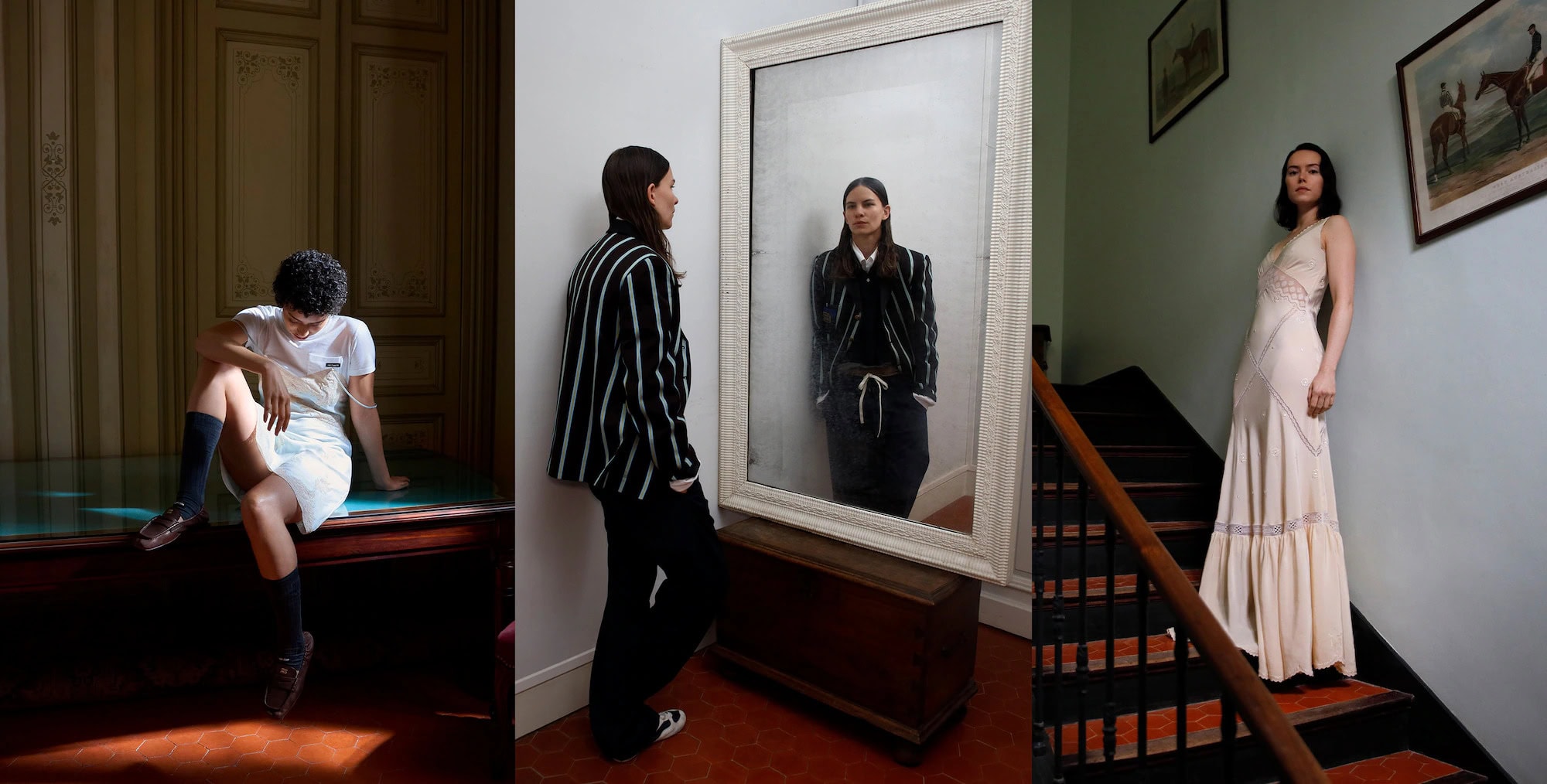 Triptych of portrait shots featuring models in contemporary outfits posed inside a classic interior setting.