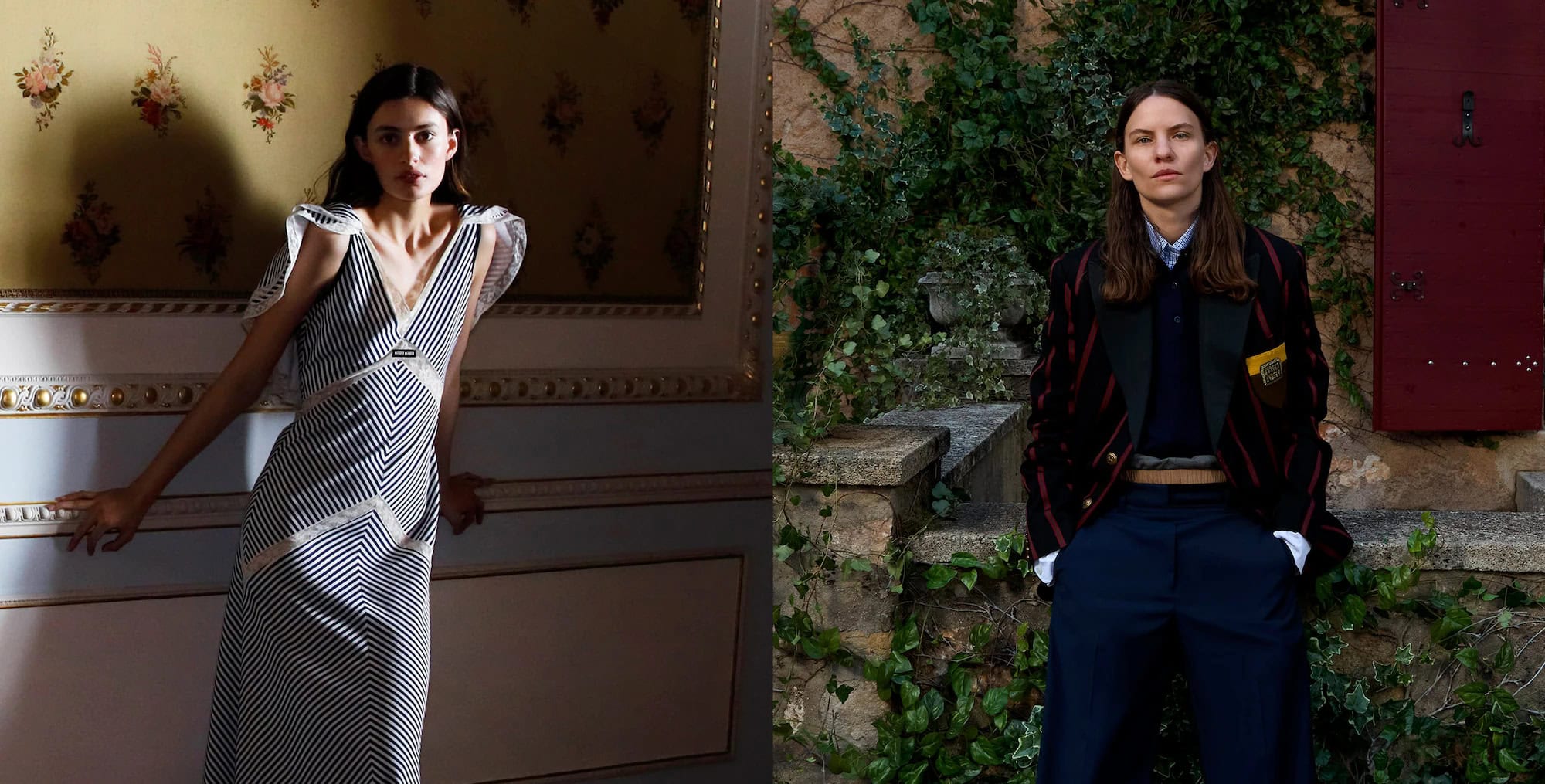 Two fashion models posing outdoors and indoors wearing Miu Miu Upcycled campaign apparel
