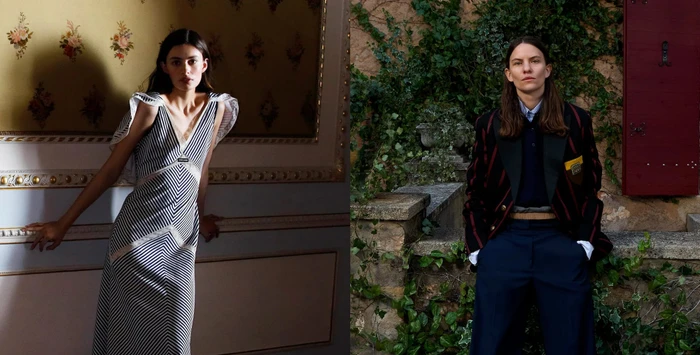 Two fashion models posing outdoors and indoors wearing Miu Miu Upcycled campaign apparel
