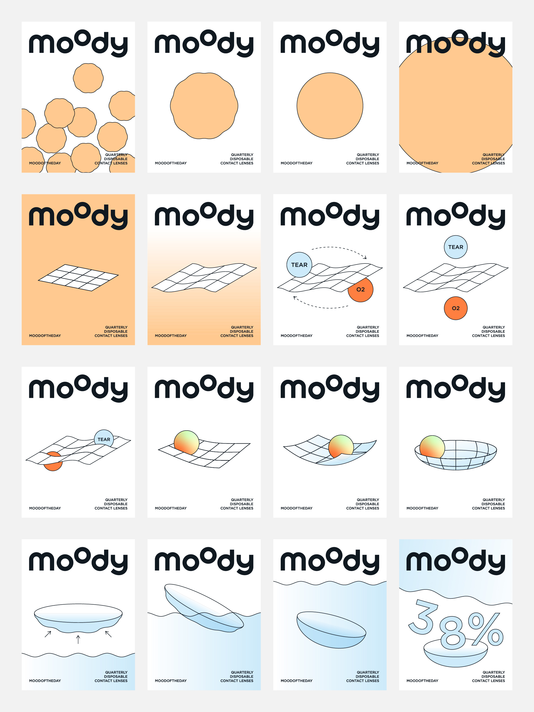 Grid of sixteen minimalist brand identity posters featuring the word moody, vector graphics, and contact lens diagrams