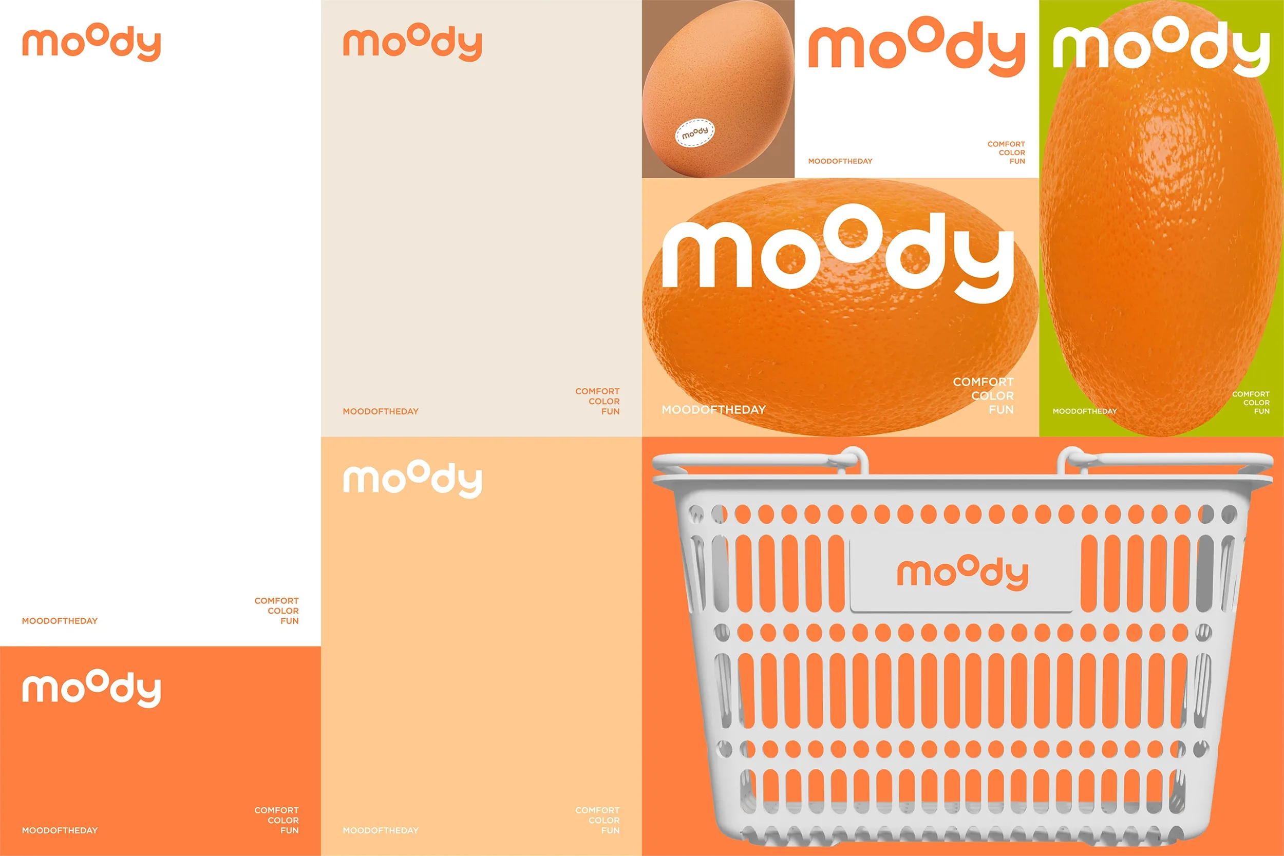 Branding presentation featuring the word moody in rounded white typography across orange, cream, and green panels with food and a basket