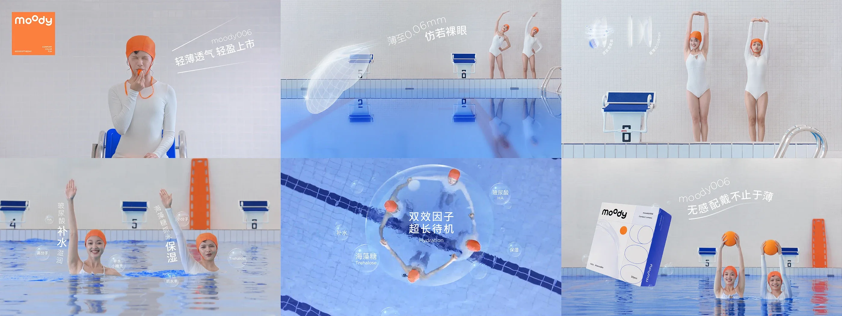 Multi-panel brand identity image featuring models in white swimwear and orange caps by a swimming pool for moody.