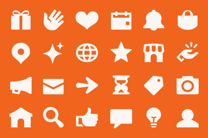 A collection of twenty-four white graphic vector icons displayed on a solid vibrant orange background.
