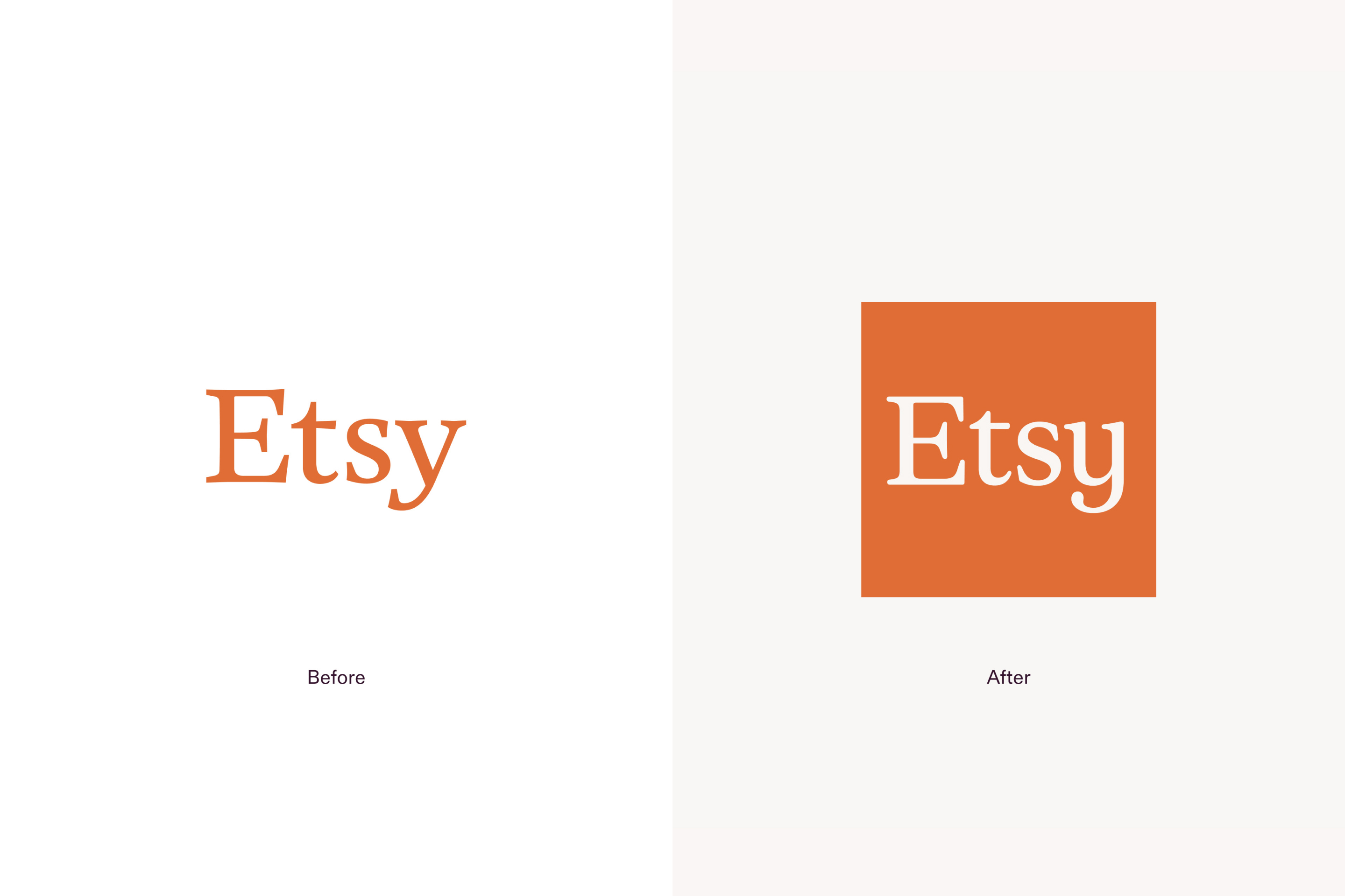 Comparison of Etsy brand identity showing the wordmark before and after within an orange square background.