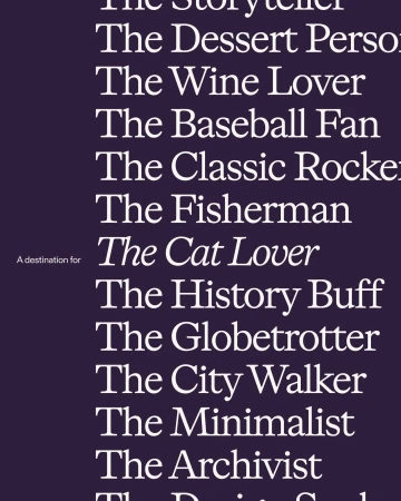 Typography graphic on deep purple background displaying rows of white serif text reading various personas