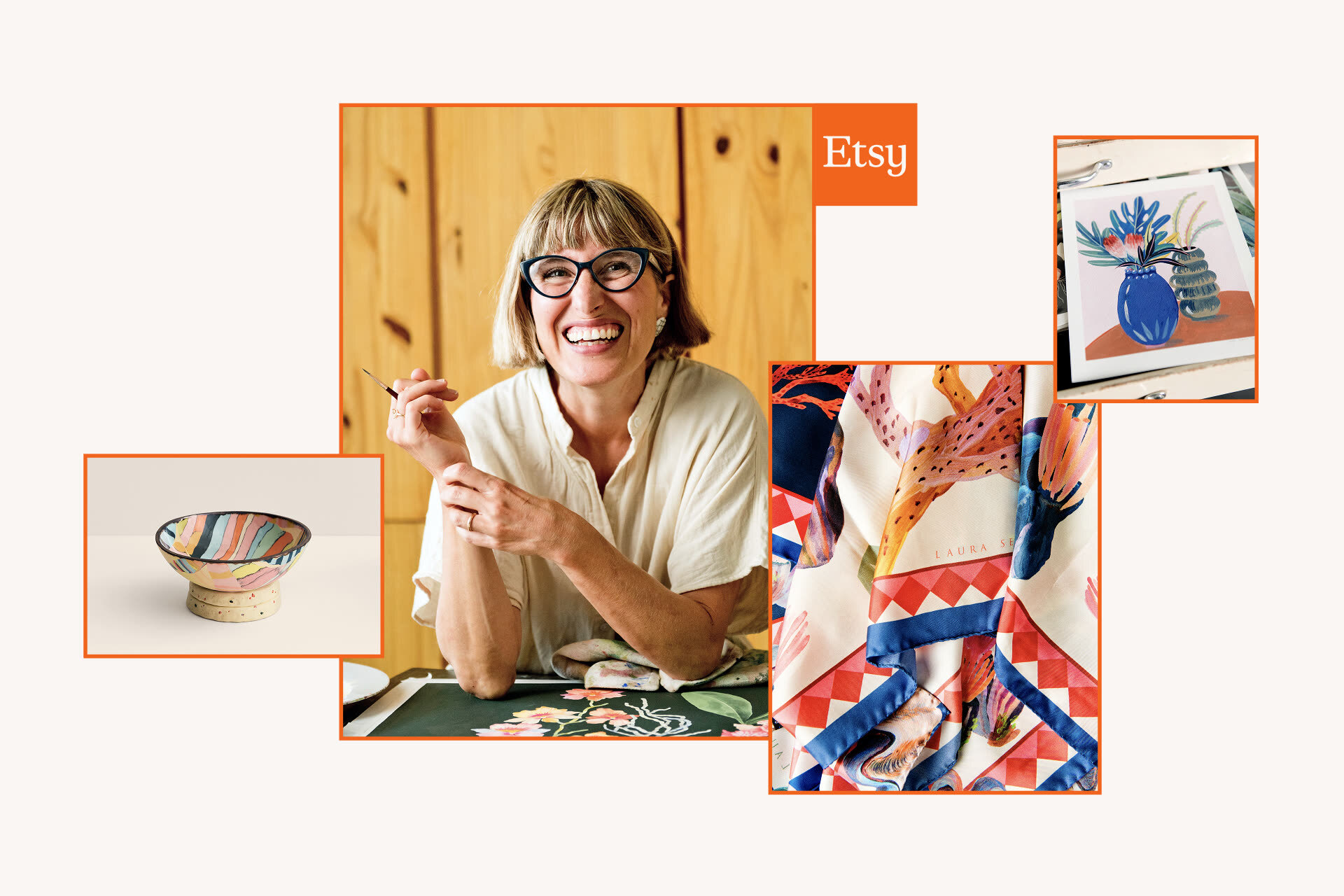 Collage featuring a smiling female maker in glasses, artisan ceramic bowl, patterned textile, and floral painting for Etsy