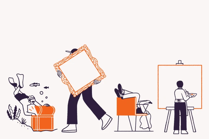 Digital illustration showing four people engaging in creative activities against a plain white background