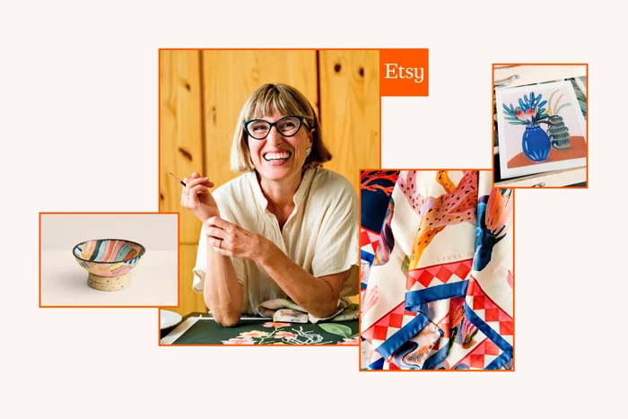 Collage featuring a smiling female maker in glasses, artisan ceramic bowl, patterned textile, and floral painting for Etsy