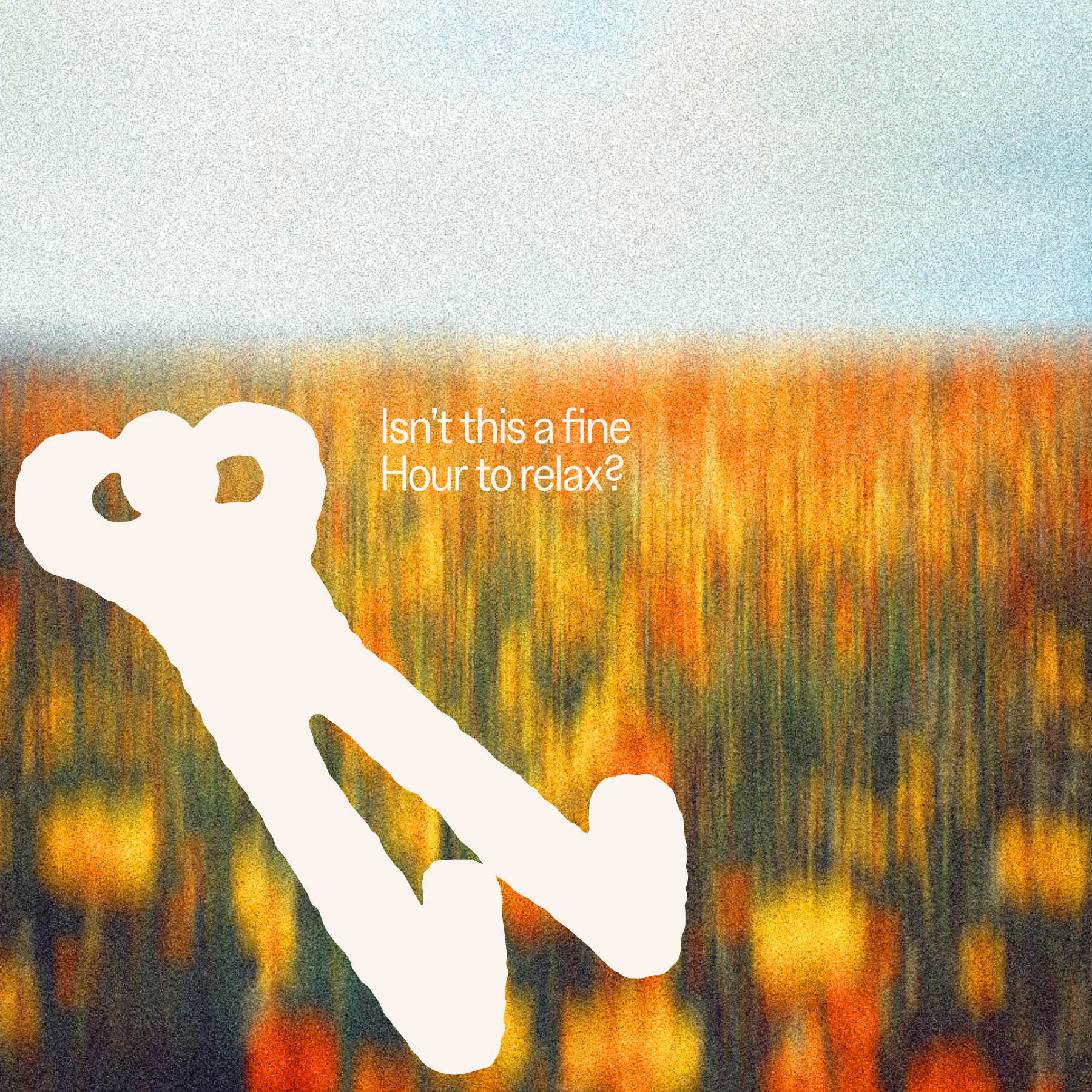 An abstract illustrated figure relaxing against a motion-blurred field with warm golden and orange tones under a pale blue sky.
