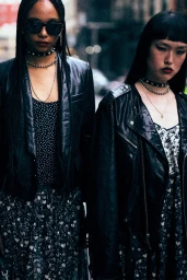 Two female models wearing black leather jackets and patterned dresses standing outdoors in a city street.