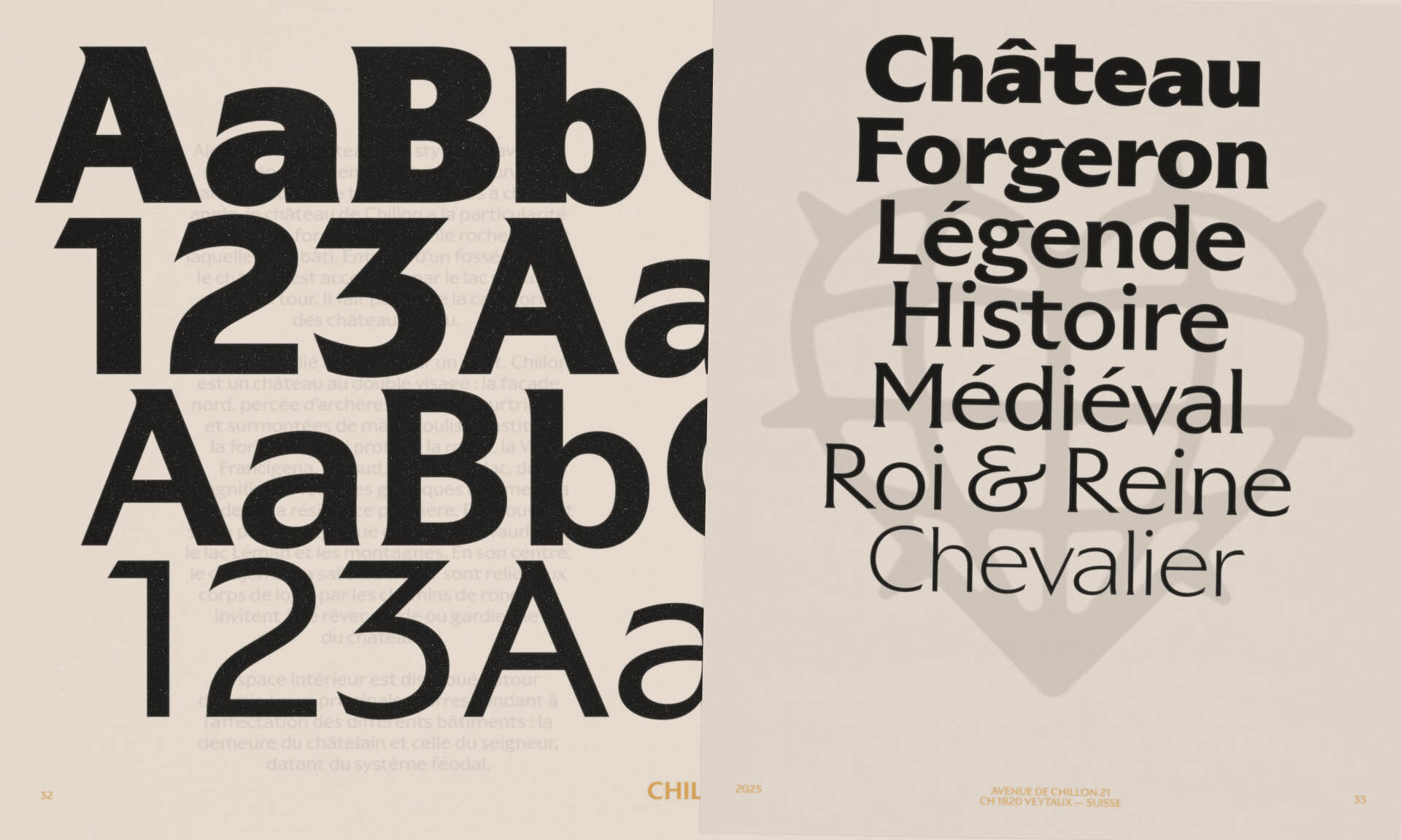 Chillon Castle brand identity showcase featuring bold black typography, numerals, and historic French text against a cream backdrop.
