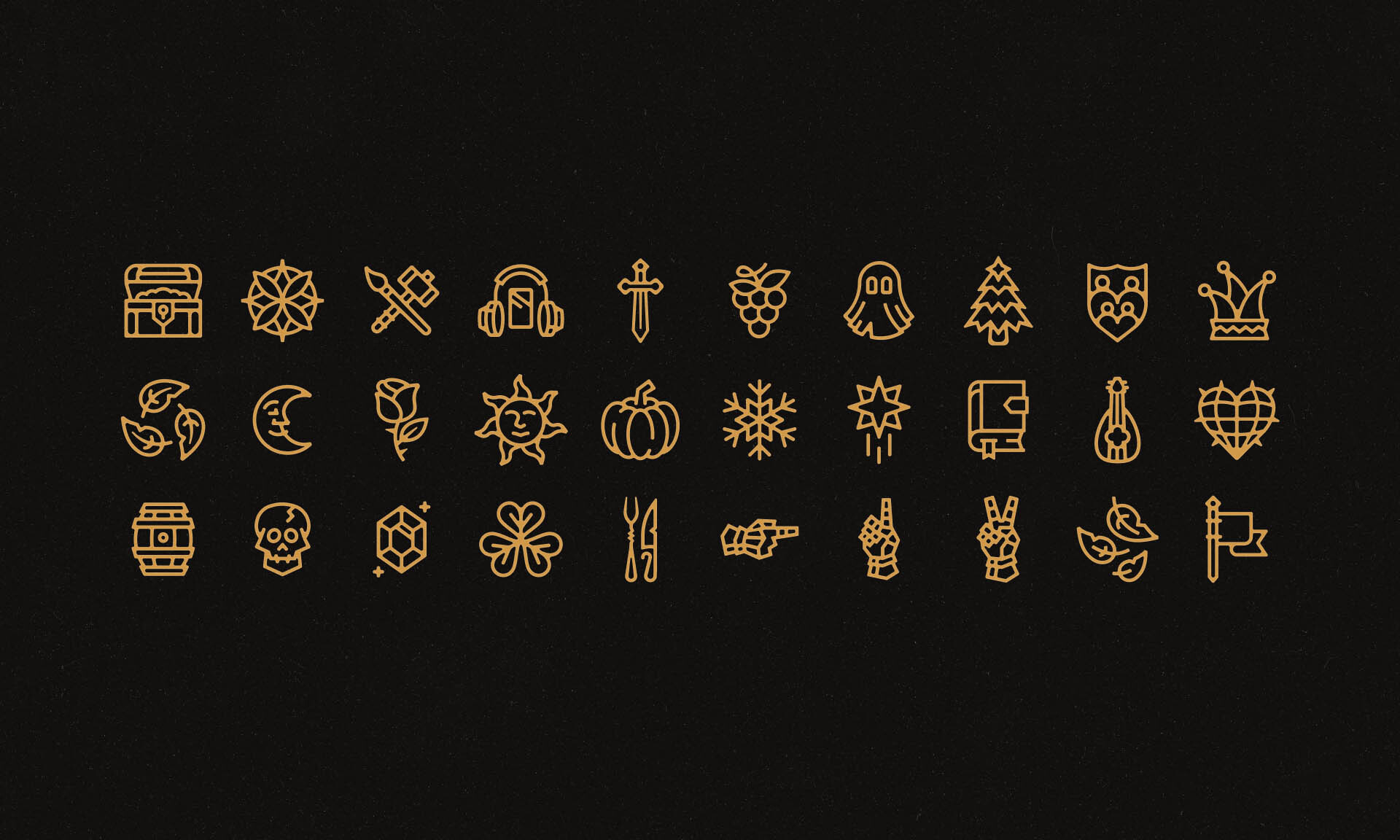 Set of gold outline icons on dark textured background for Chillon Castle brand identity design.
