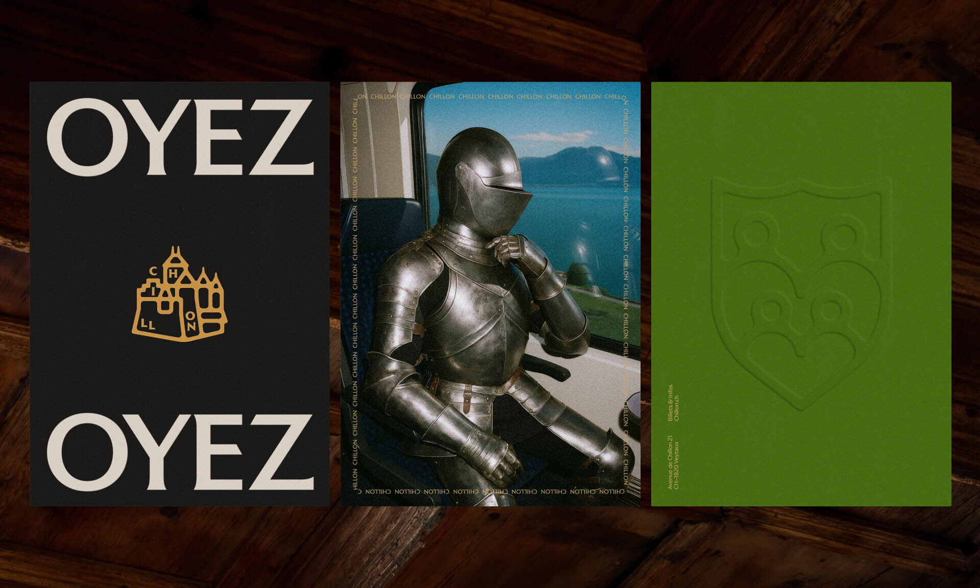 Three vertical print panels featuring bold typography, a suit of armour sitting on a train, and a green embossed shield.