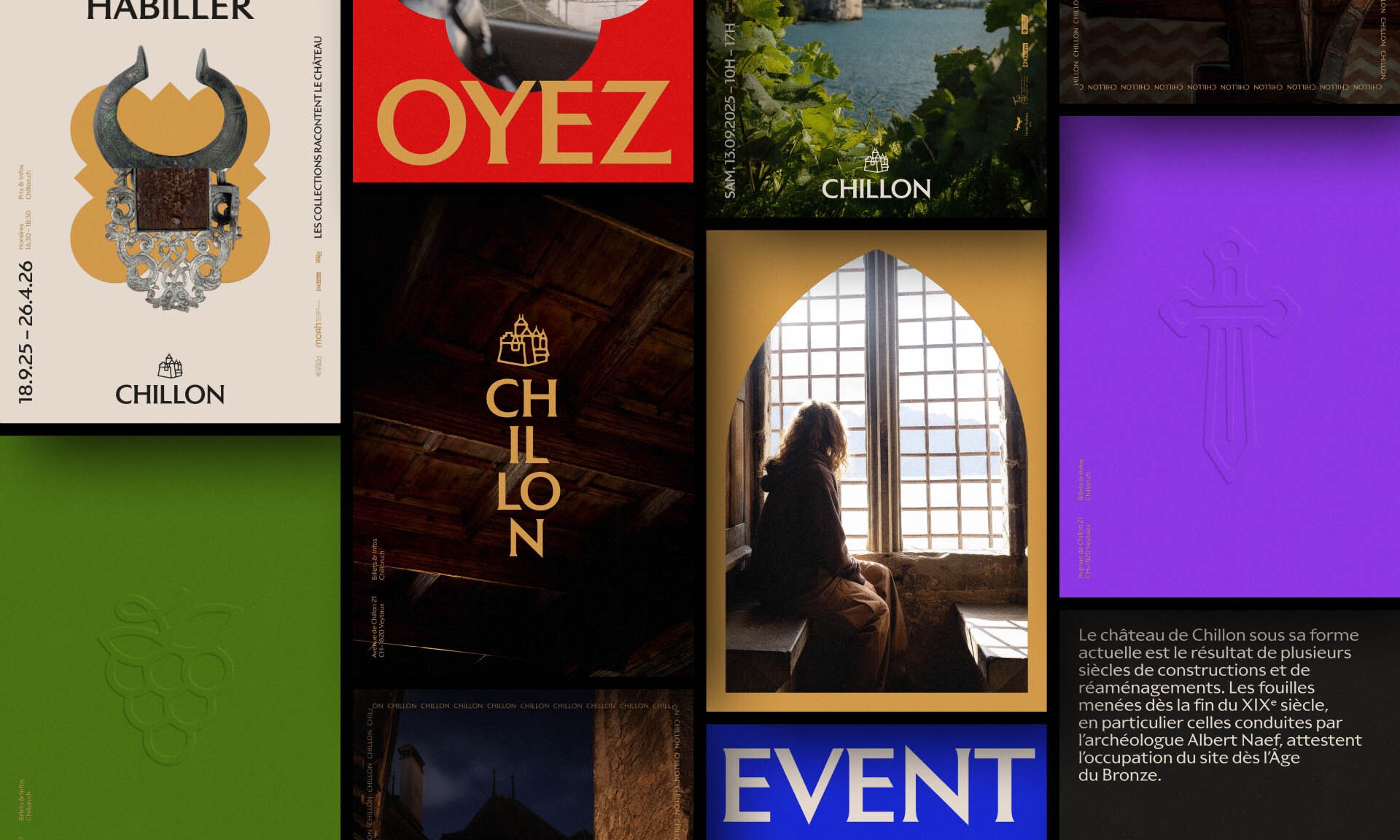 Collage of design assets for Chillon Castle brand identity featuring typography, historical artifacts, and architectural photography.