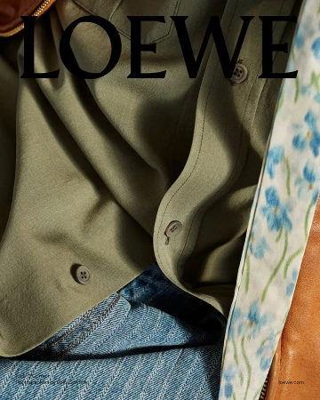 Close-up advertising campaign image featuring an olive green button-down shirt and blue denim for Loewe photographed by Gray Sorrenti.