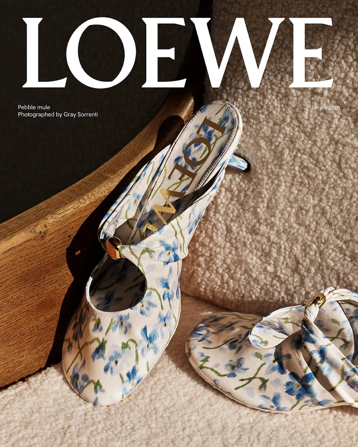 Loewe floral print mules resting on a textured white fluffy cushion next to a wooden frame