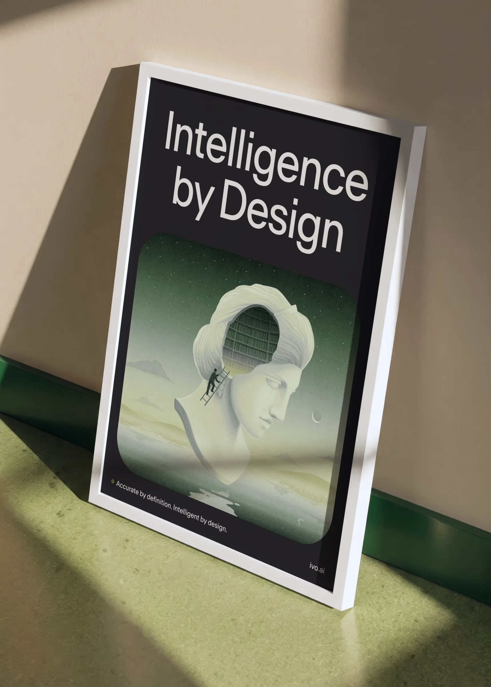 Framed poster with white border leaning against a wall featuring an illustration of a classical sculpture head with a library interior inside