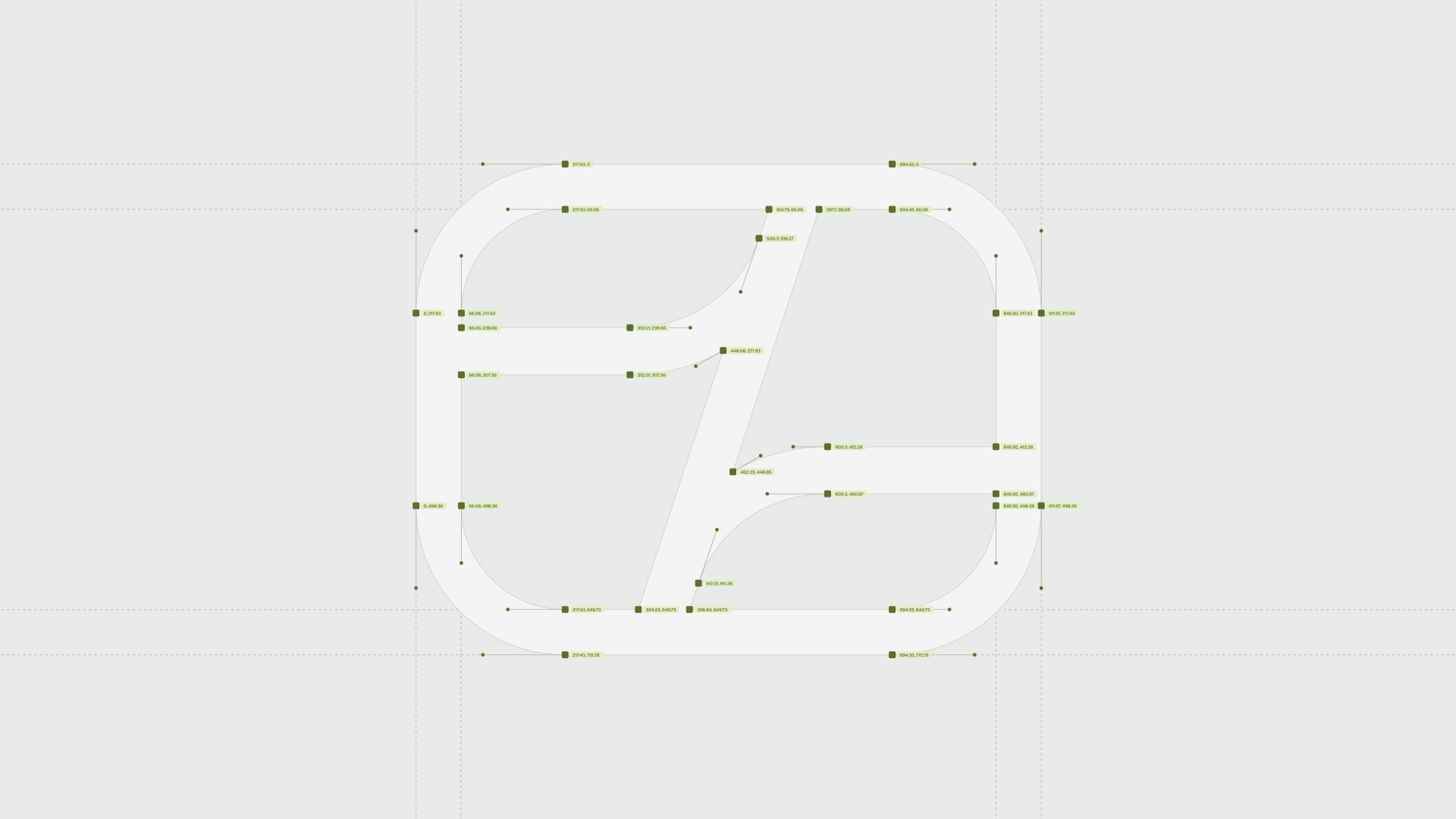 Minimalist graphic brand identity layout featuring technical vector guidelines and nodes on a light grey background.