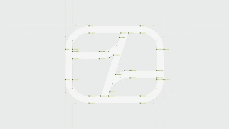 Minimalist graphic brand identity layout featuring technical vector guidelines and nodes on a light grey background.