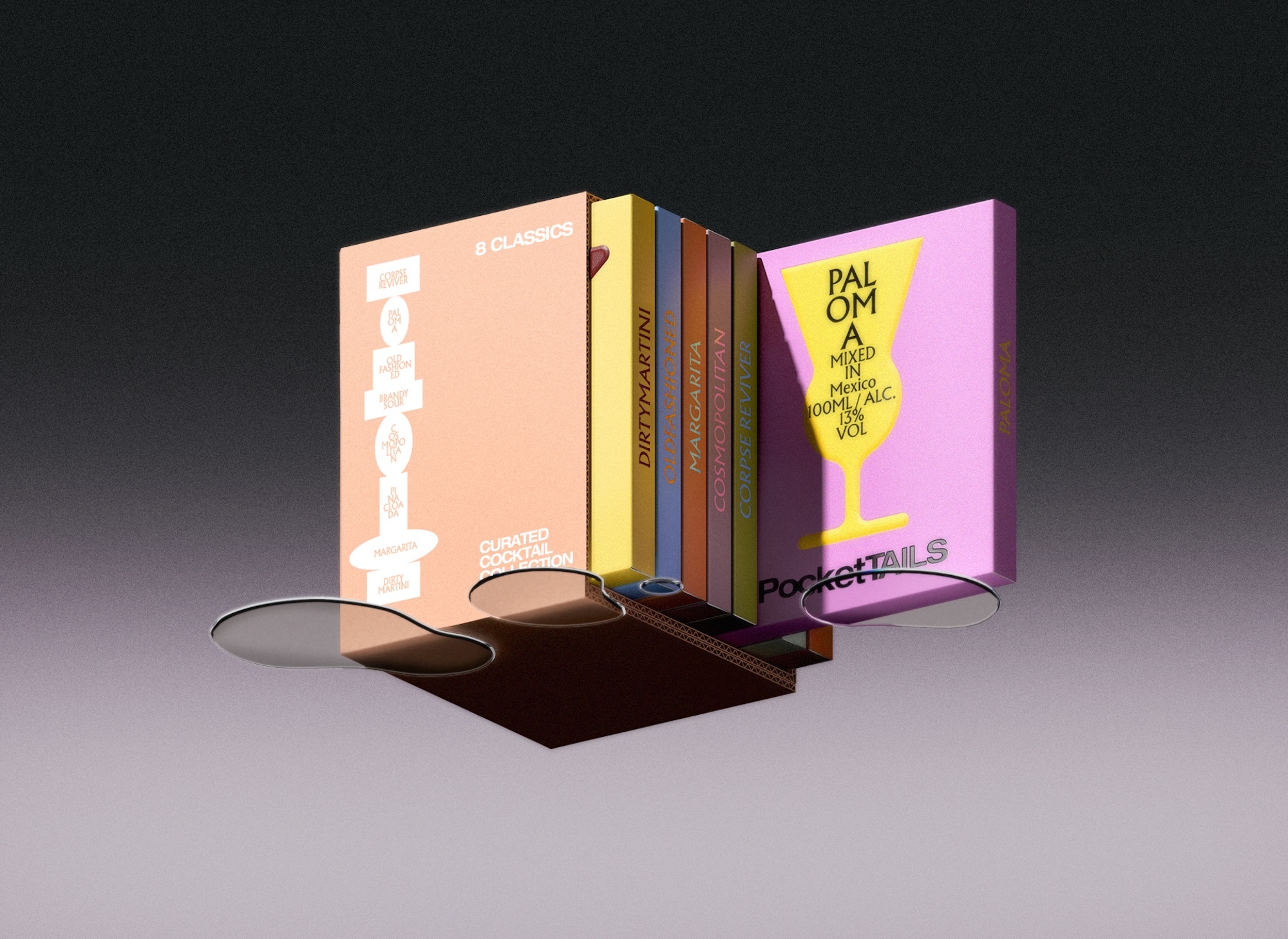 Colorful cocktail book collection box set displayed on a shelf with abstract glass puddle shapes against gradient background
