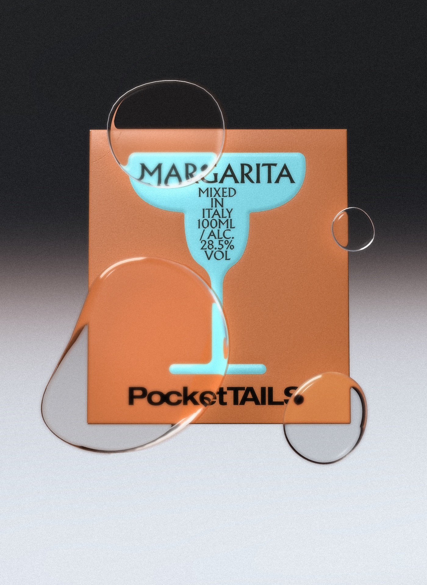 Close-up product shot of a square Pocketails margarita package with transparent liquid droplets floating across it.