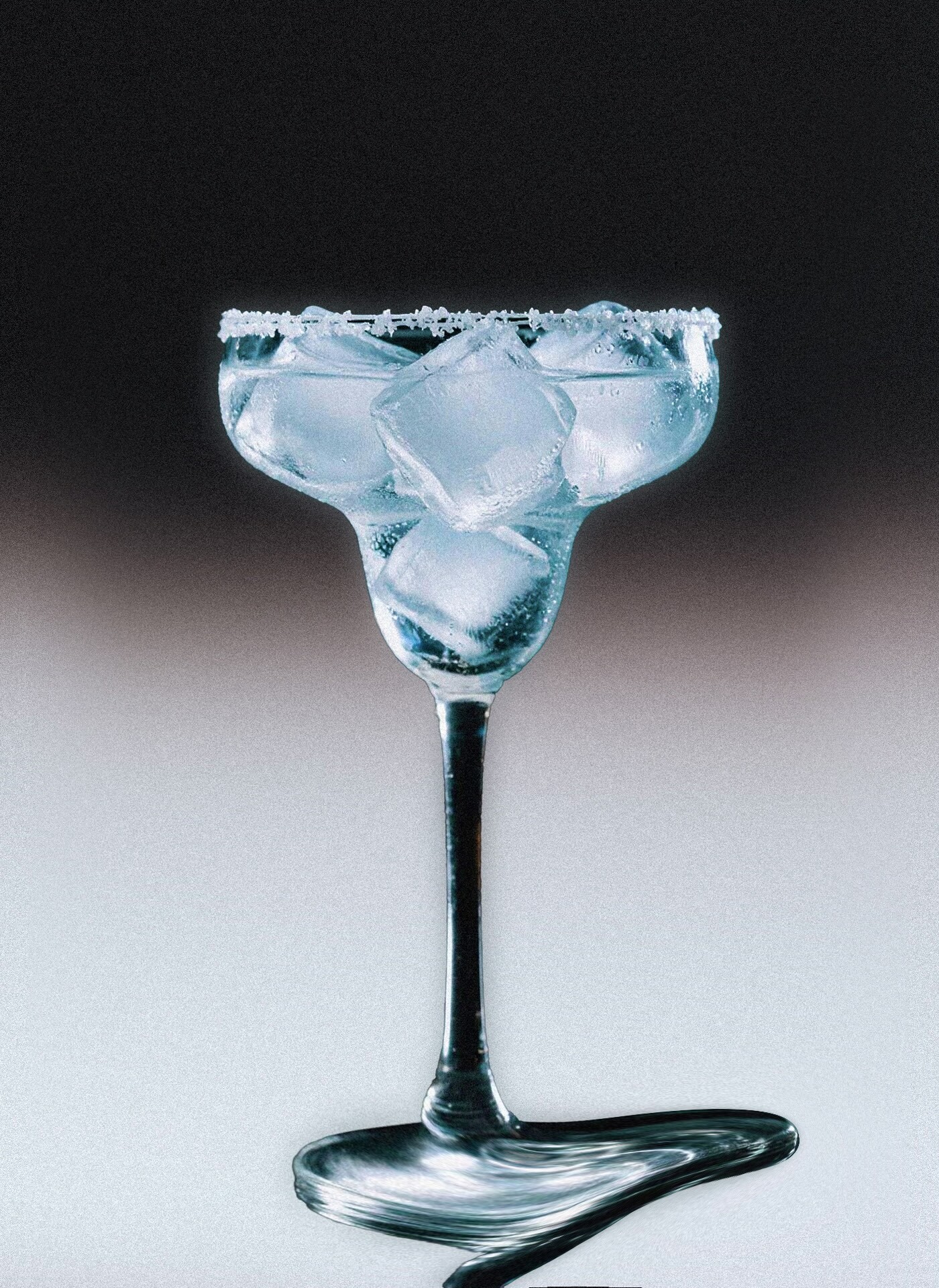 Margarita glass filled with ice cubes and a salted rim set against a gradient background.