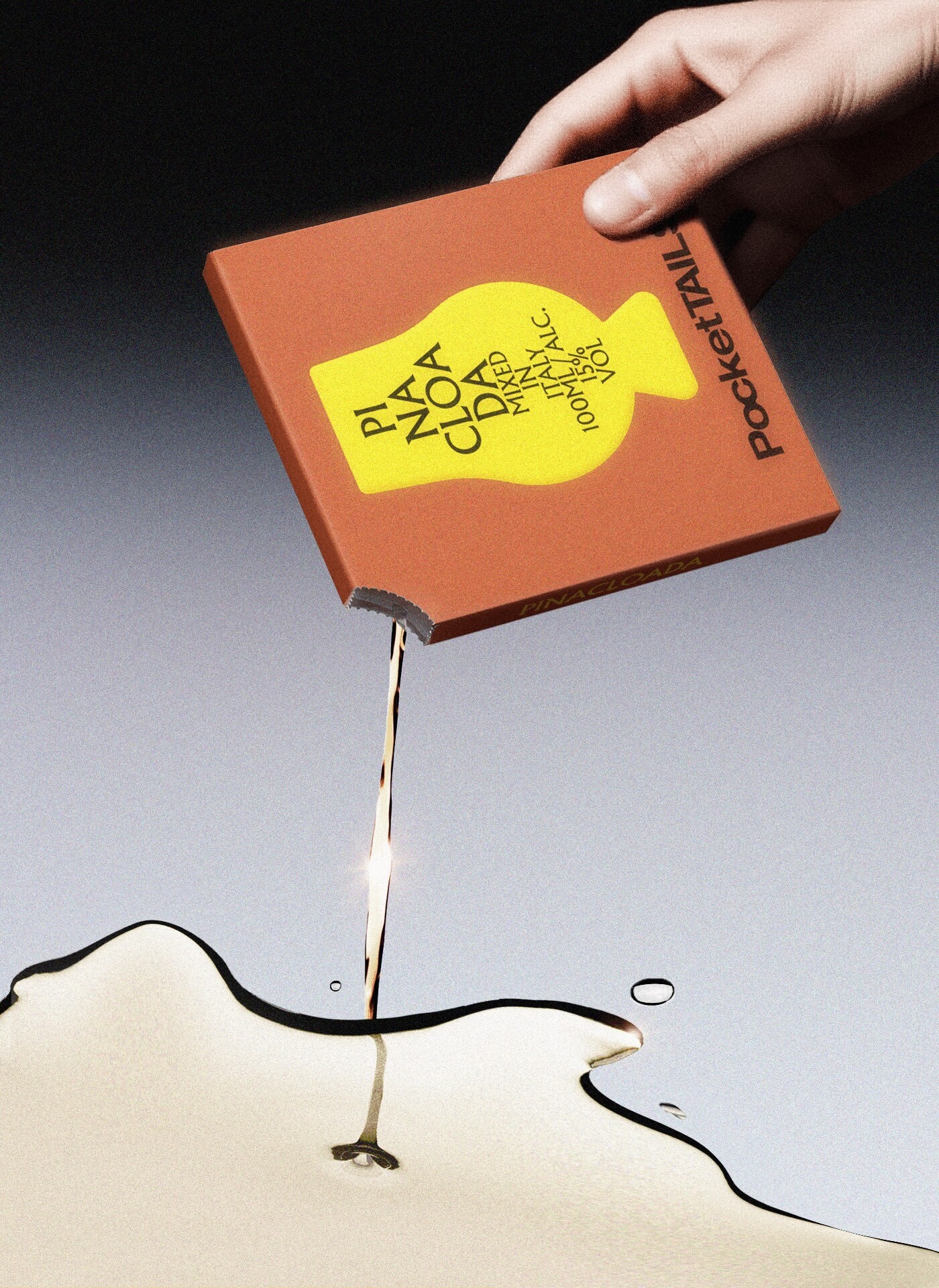 Hand holding an orange square cocktail pouch labeled Pocketails, pouring liquid onto a reflective surface.