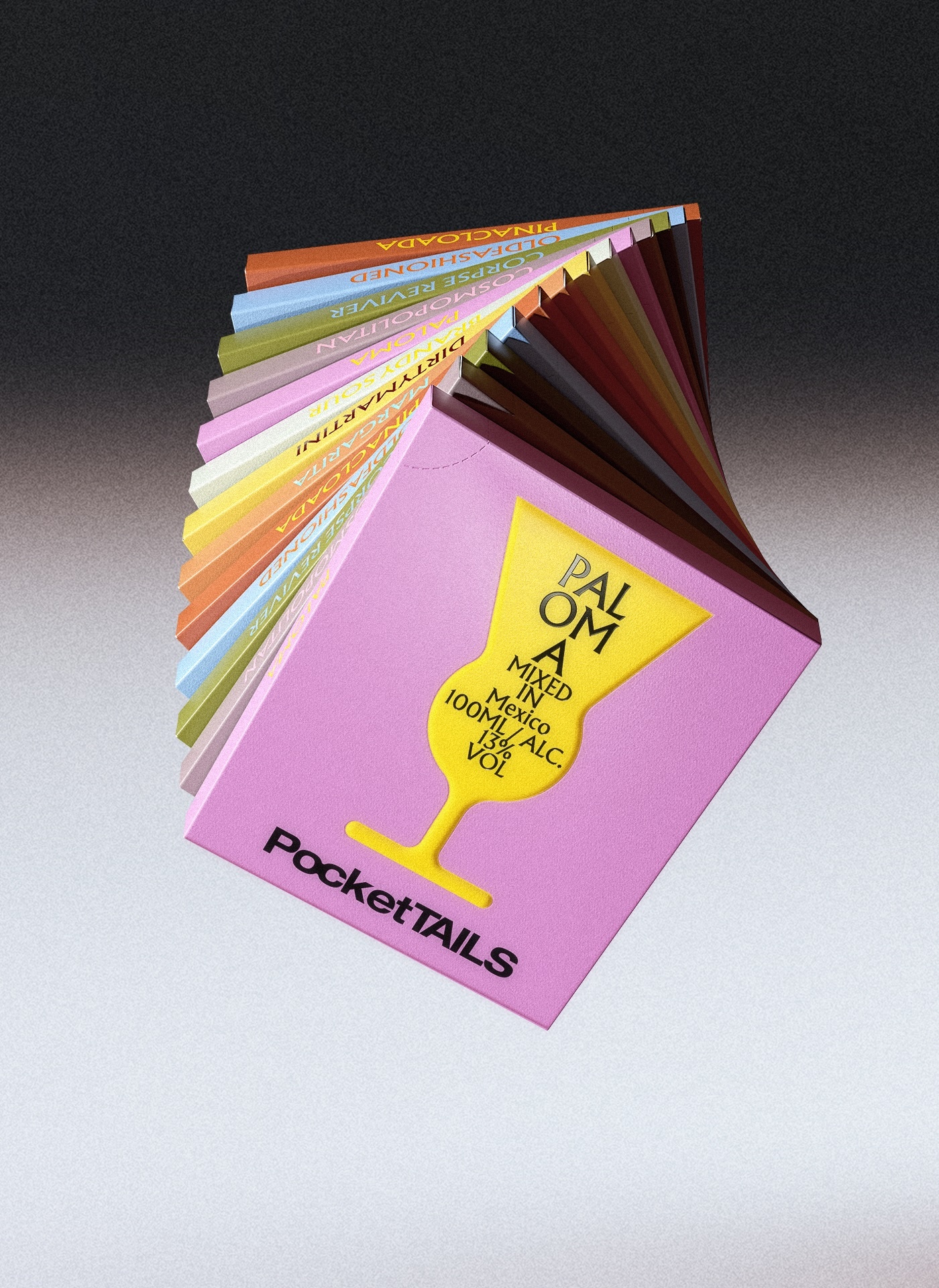 Colorful stack of cocktail packaging fan-folded open against a neutral gradient background for Brand Identity design