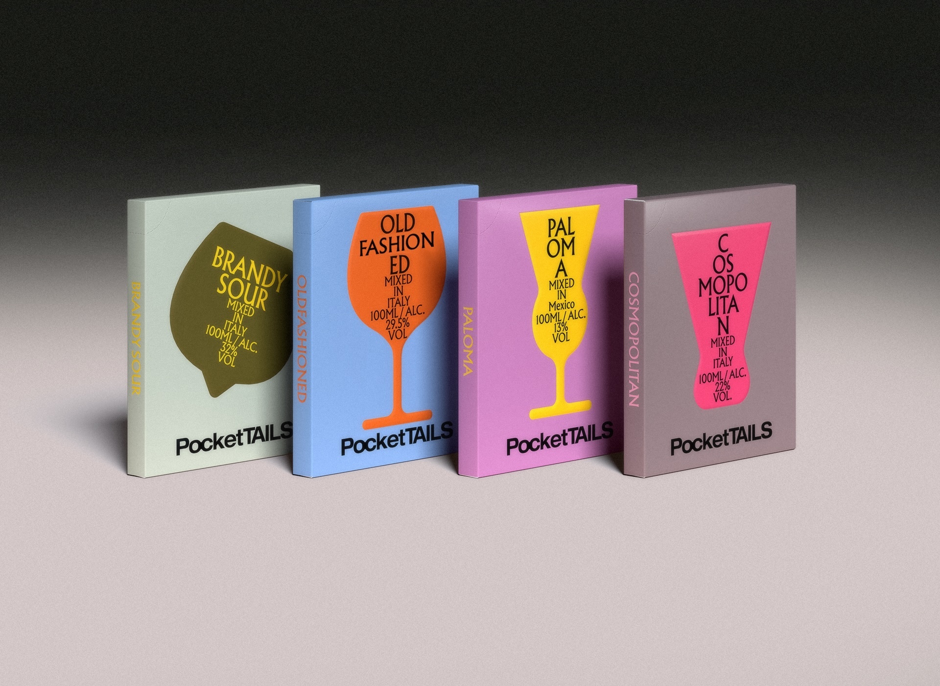 Four colourful Pocketails cocktail packaging boxes displayed upright on a neutral grey surface.