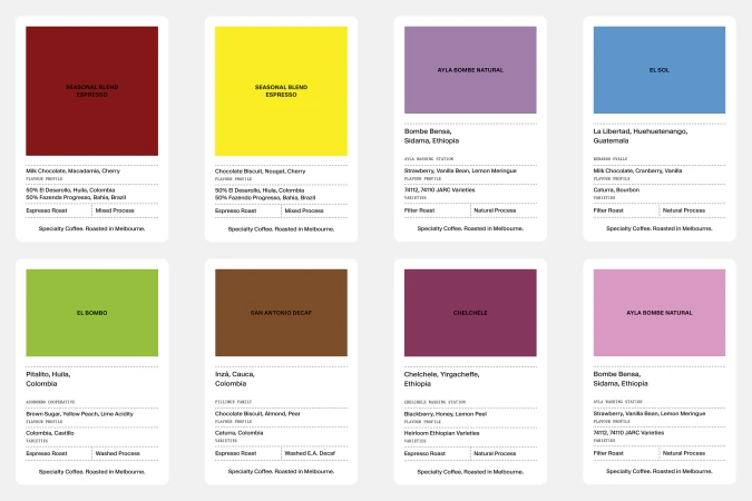 Eight rectangular coffee packaging cards featuring solid color blocks and detailed typography on a light gray background.