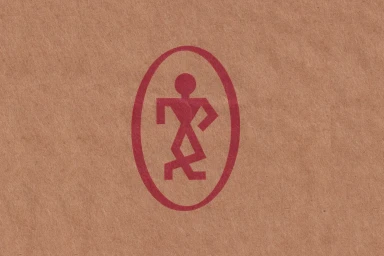Red abstract human figure logo printed on a textured brown paper surface