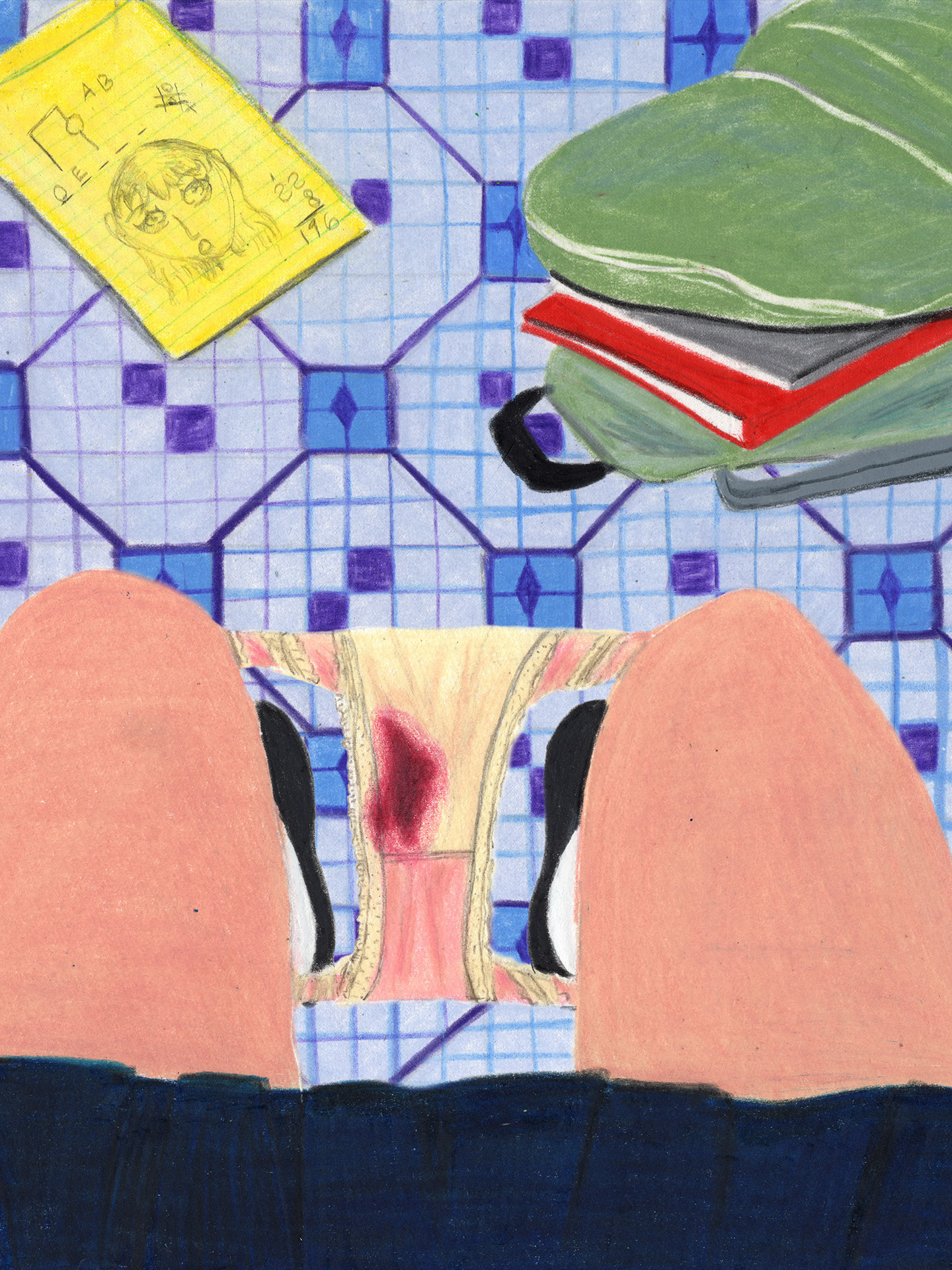 An illustration showing a person seated with underwear visible, alongside a yellow notepad and a green backpack.
