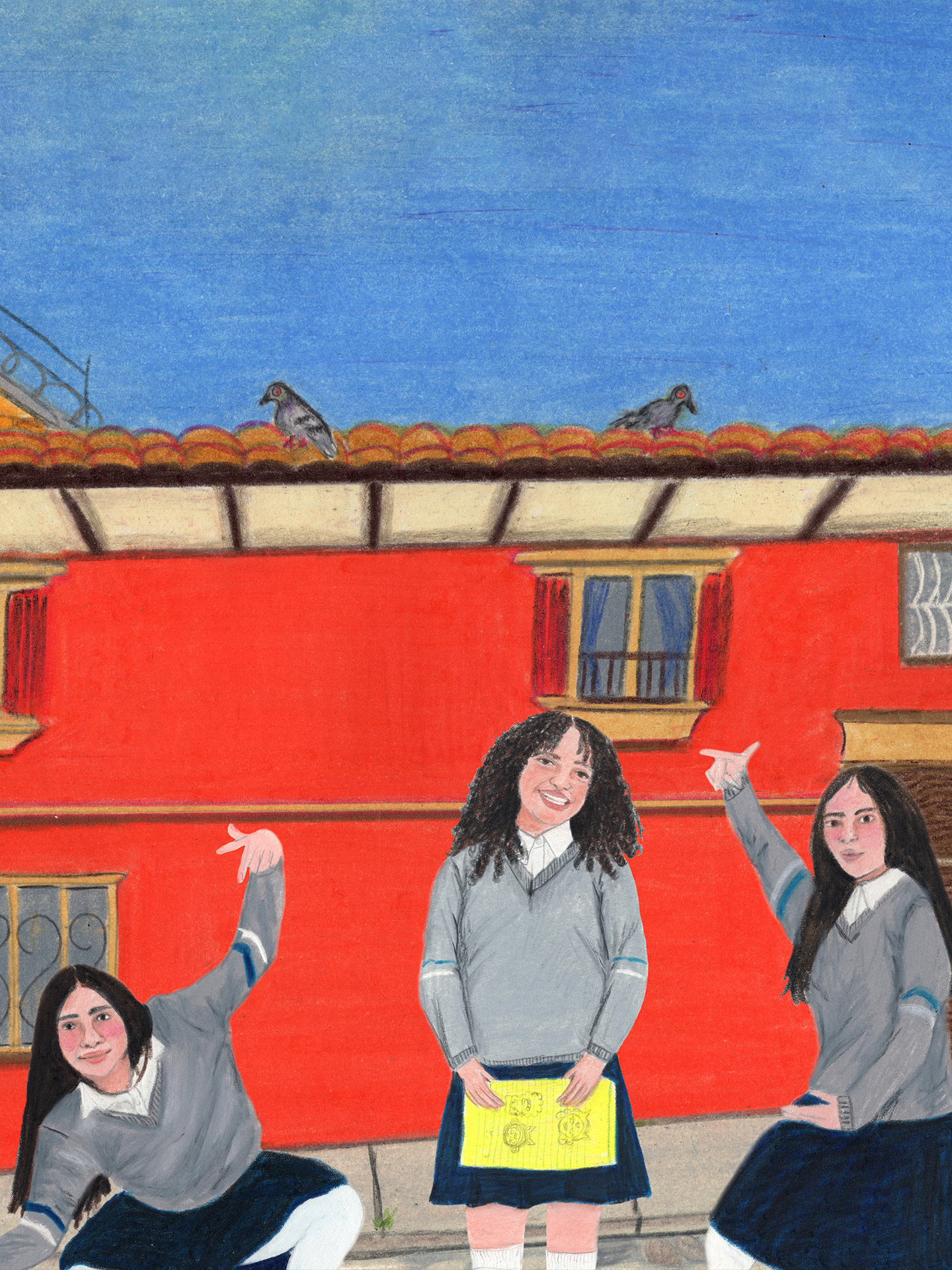Illustrated vertical scene featuring three schoolgirls in grey sweaters and blue skirts posing in front of a red building with a blue sky