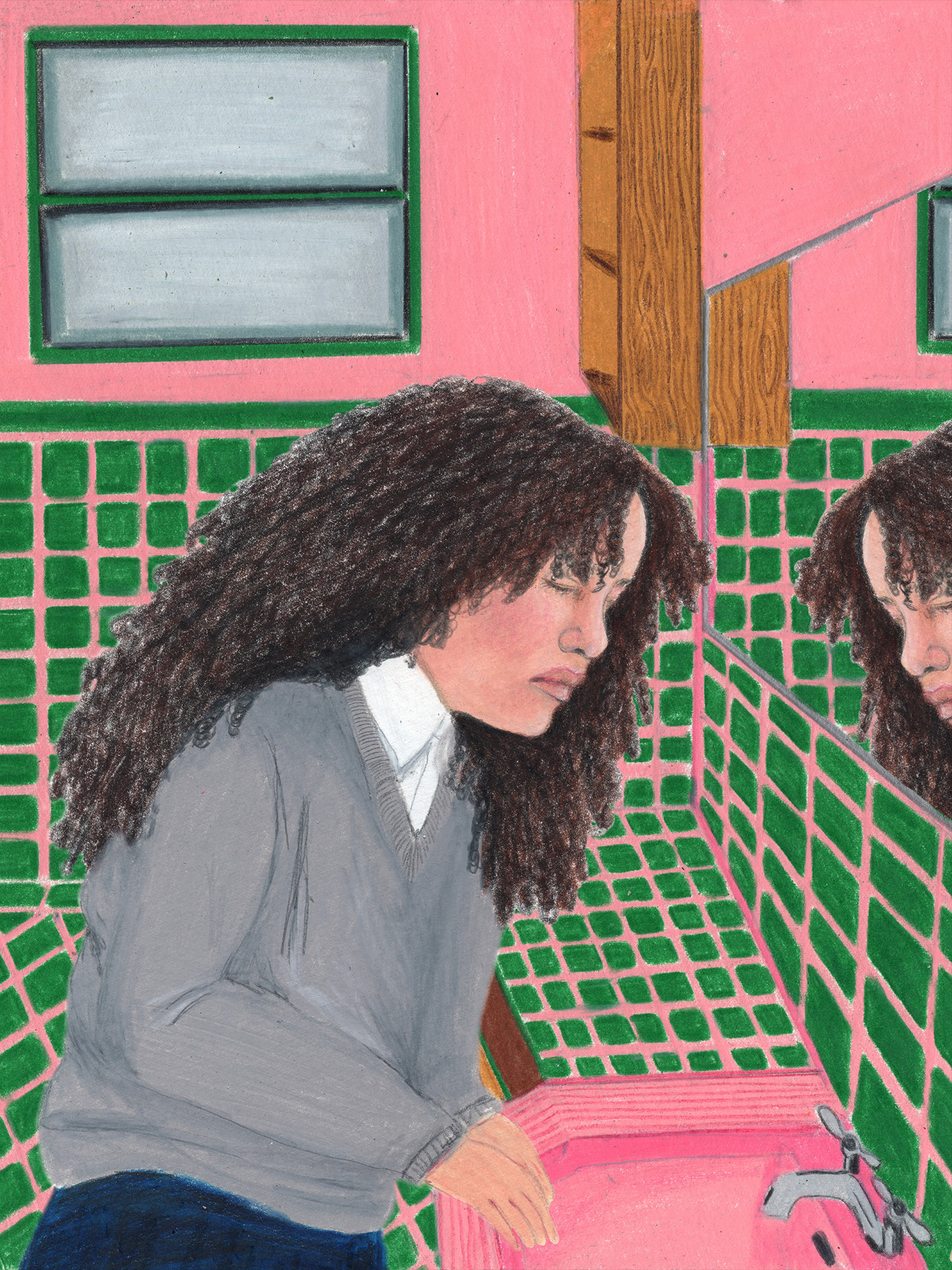 Painted illustration of a woman with long dark curly hair standing in front of a pink and green tiled bathroom mirror.