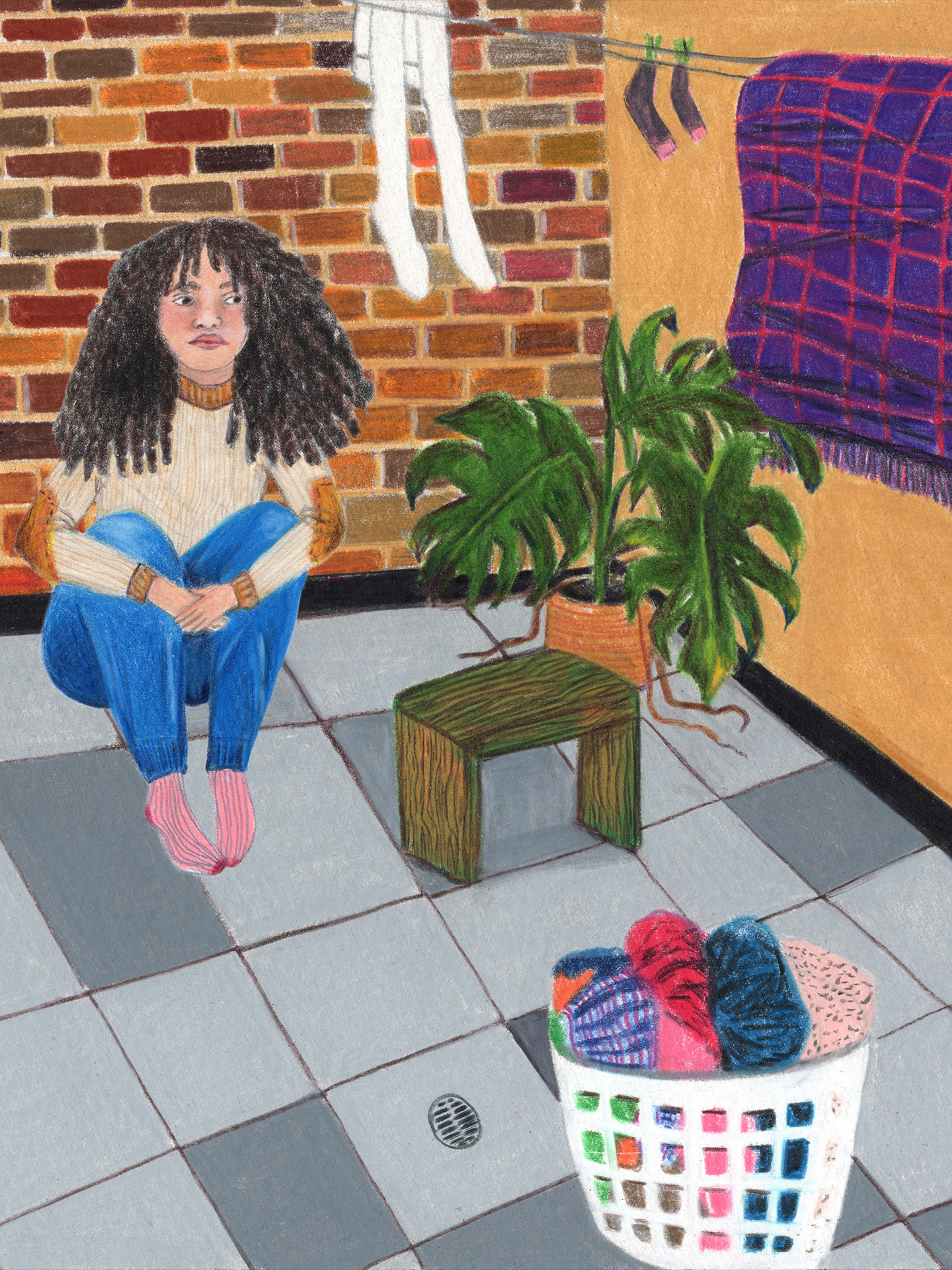 An illustrated portrait of a woman with dark curly hair sitting on a tiled floor near a potted plant and laundry basket.
