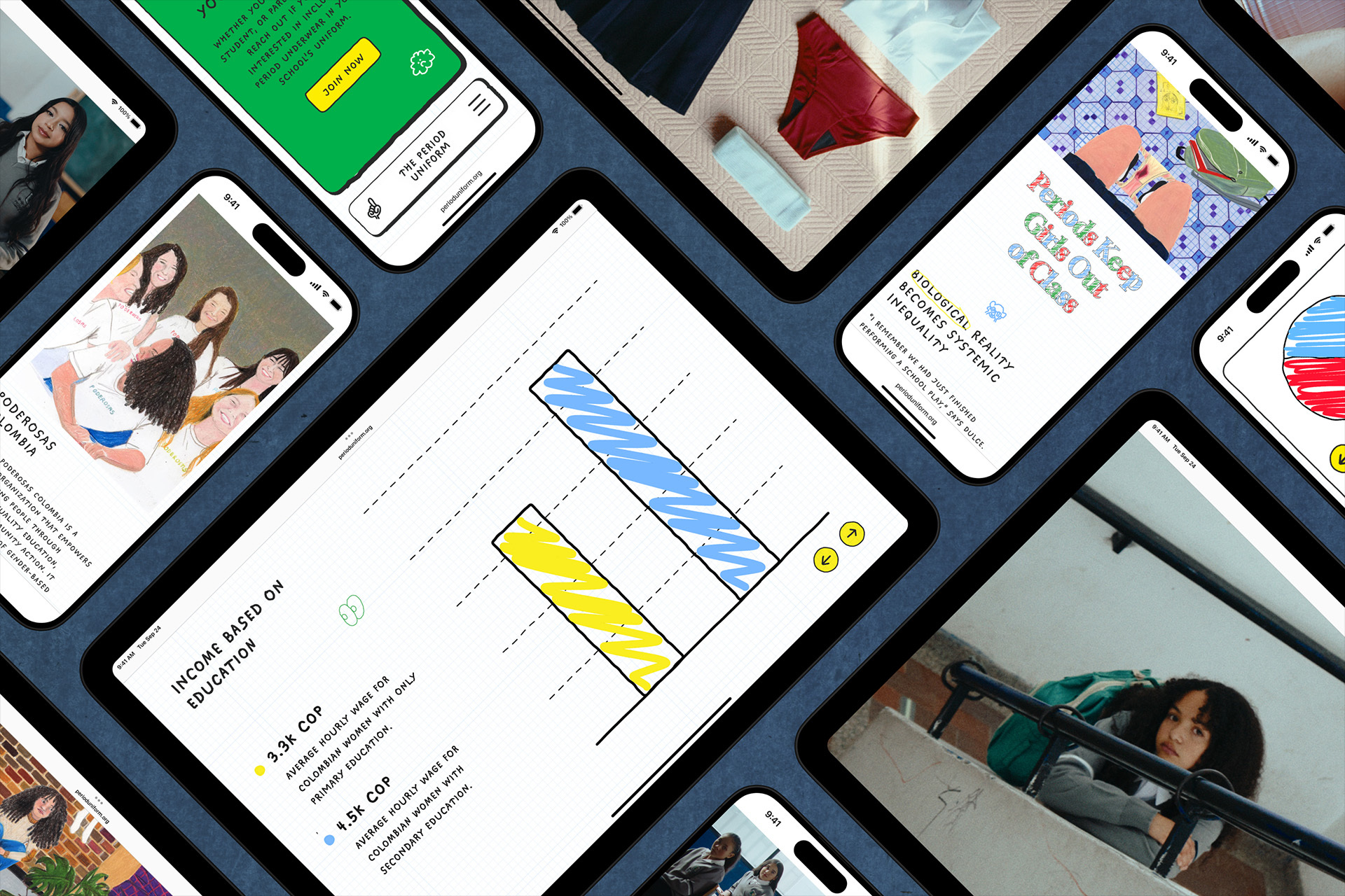 A flat lay composition of multiple digital device screens and printed layouts displaying brand identity designs, charts, and illustrations.