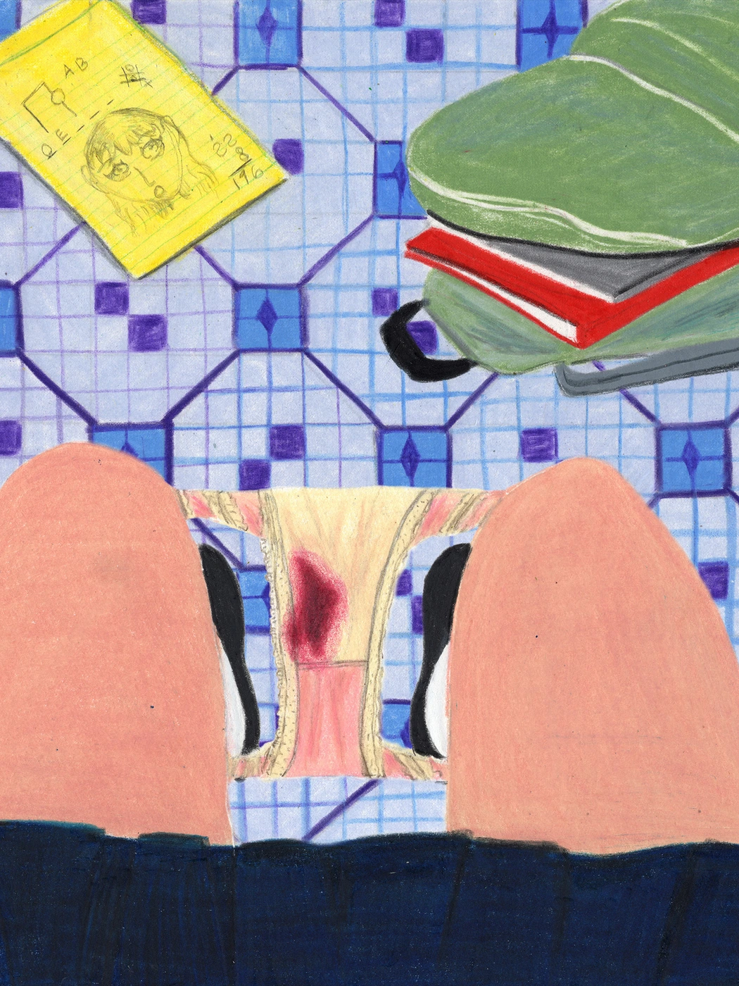 An illustration showing a person seated with underwear visible, alongside a yellow notepad and a green backpack.