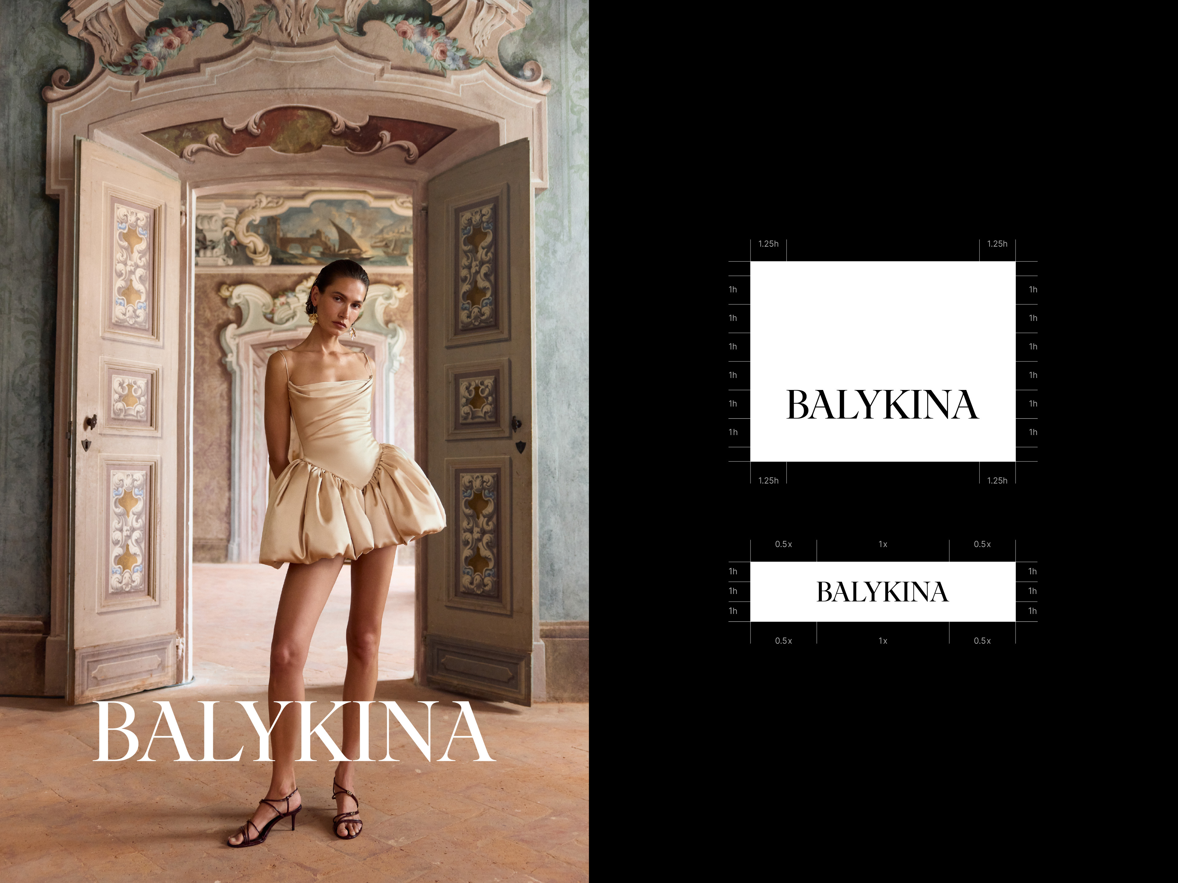 Model wearing a structured cream dress standing in a grand hall with open double doors, alongside brand identity layout graphics.