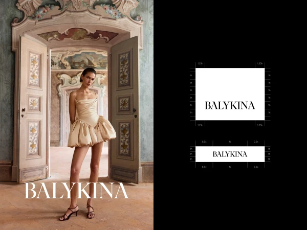 Model wearing a structured cream dress standing in a grand hall with open double doors, alongside brand identity layout graphics.