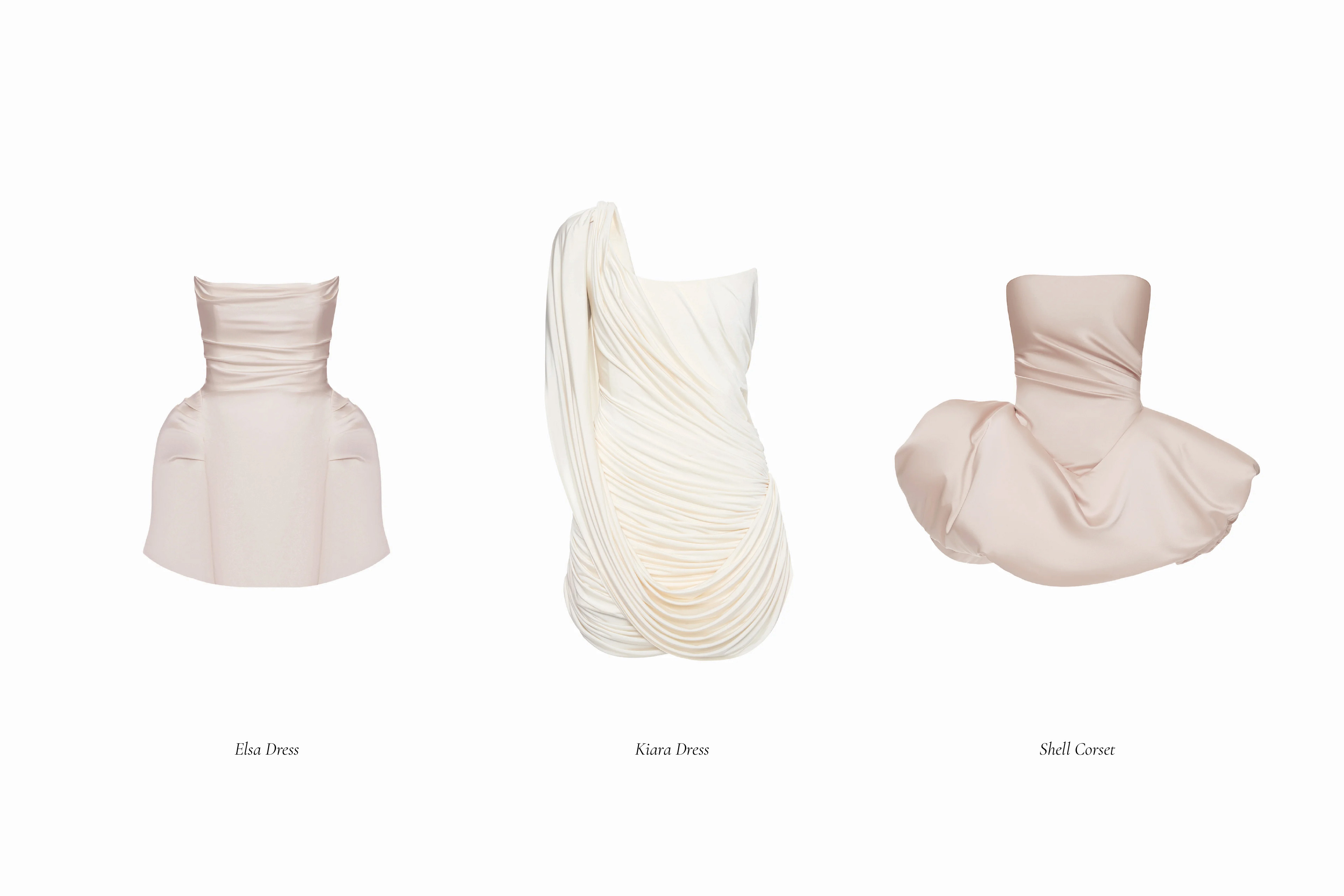 Three luxury garments including Elsa Dress, Kiara Dress, and Shell Corset on a plain white background for BALYKINA brand identity.