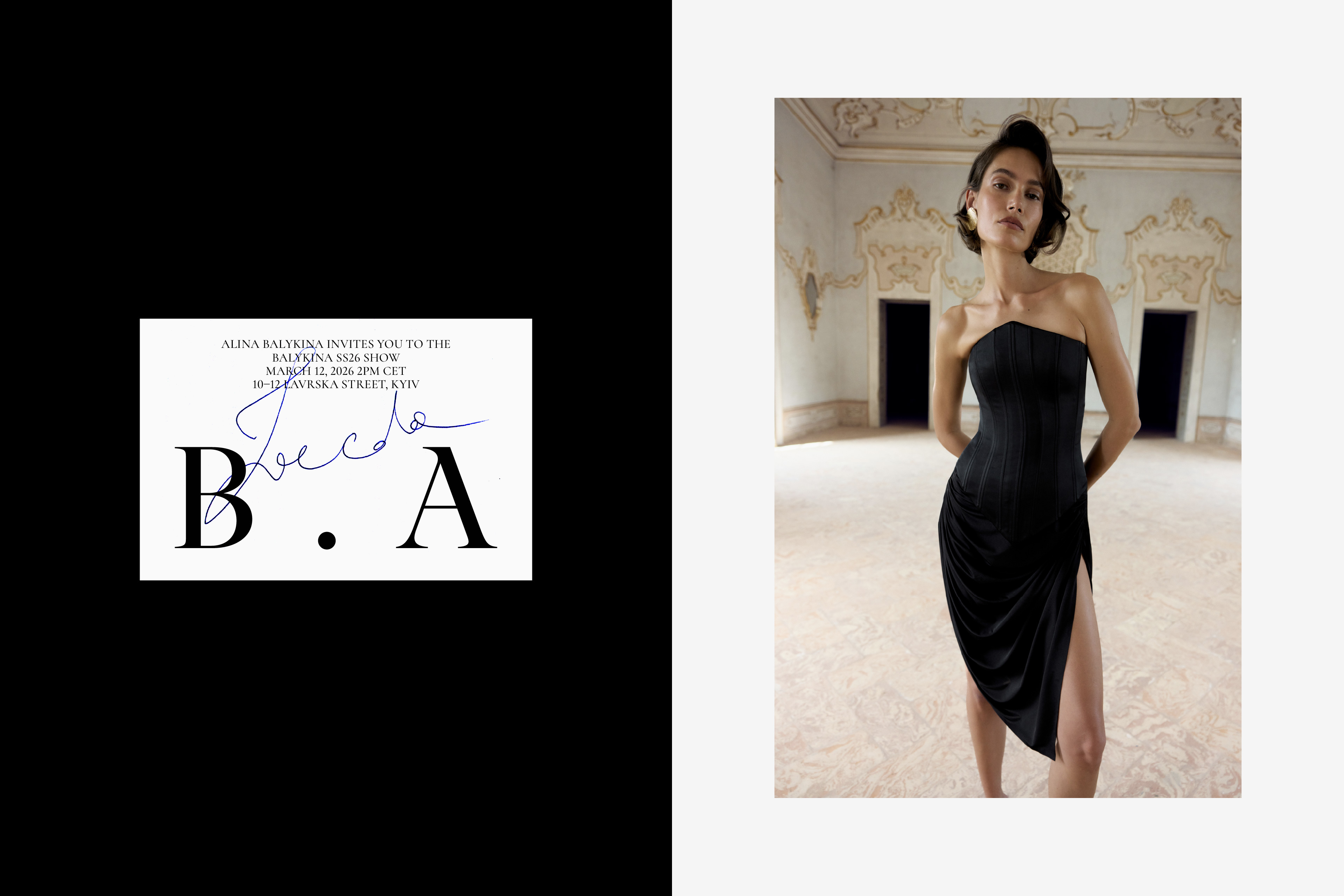 Model in black strapless dress posing in ornate interior beside invitation card for BALYKINA brand identity