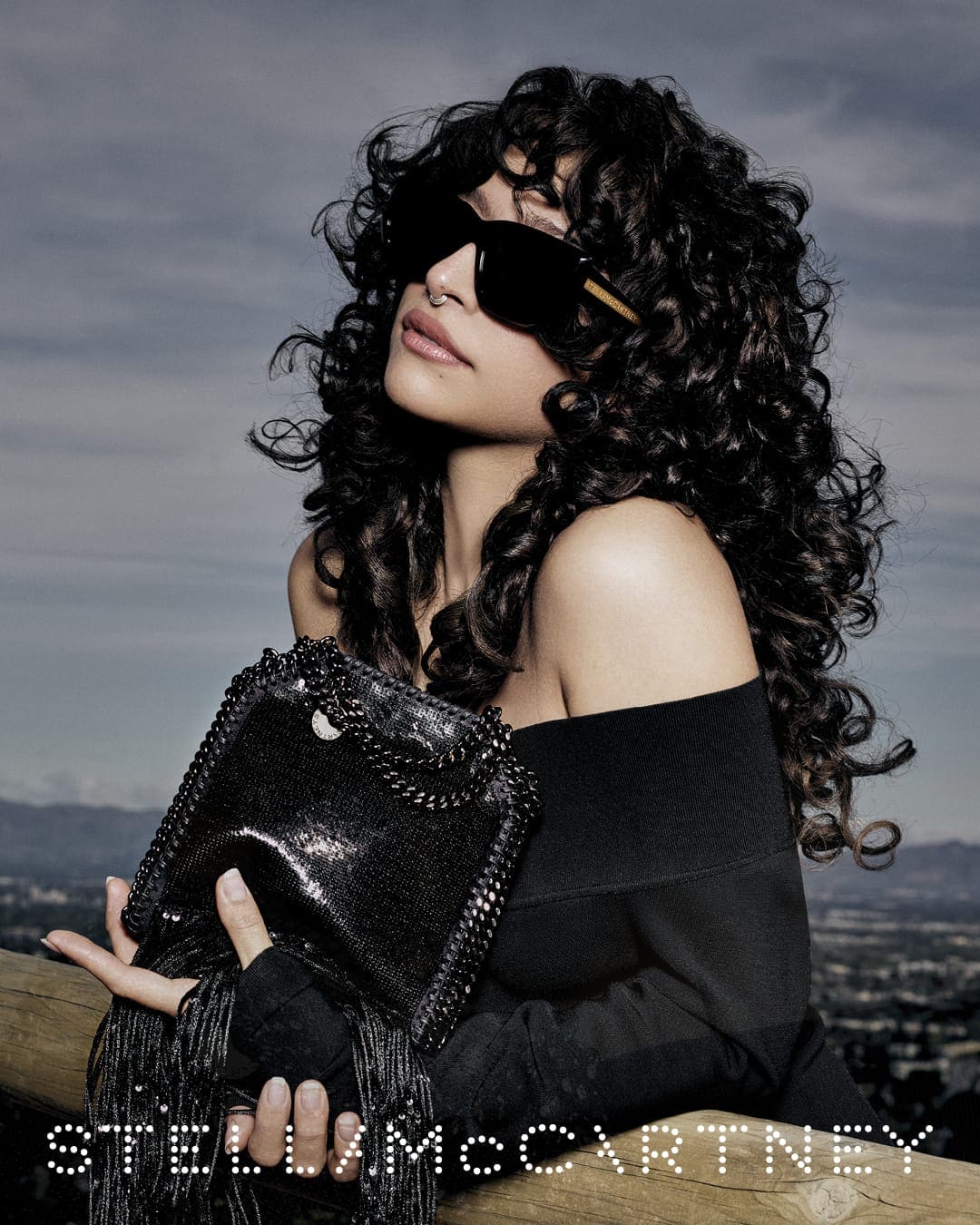 Model wearing dark sunglasses and holding a black chain-strap handbag against an outdoor horizon backdrop