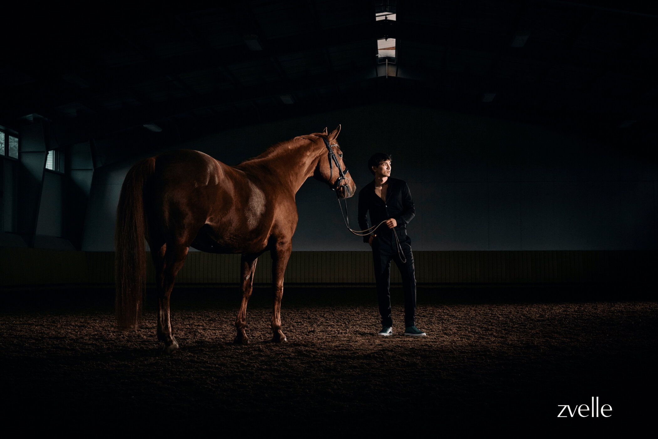 A man in black standing next to a chestnut horse in an indoor riding arena under moody directional lighting.