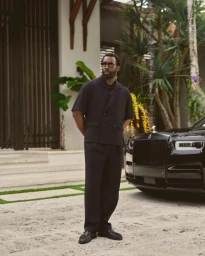 Tramell Tillman wearing a dark short-sleeved blazer and trousers standing beside a black luxury car outdoors.