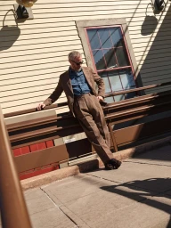 Man wearing a brown suit and sunglasses leaning against a brown railing outside a yellow building.