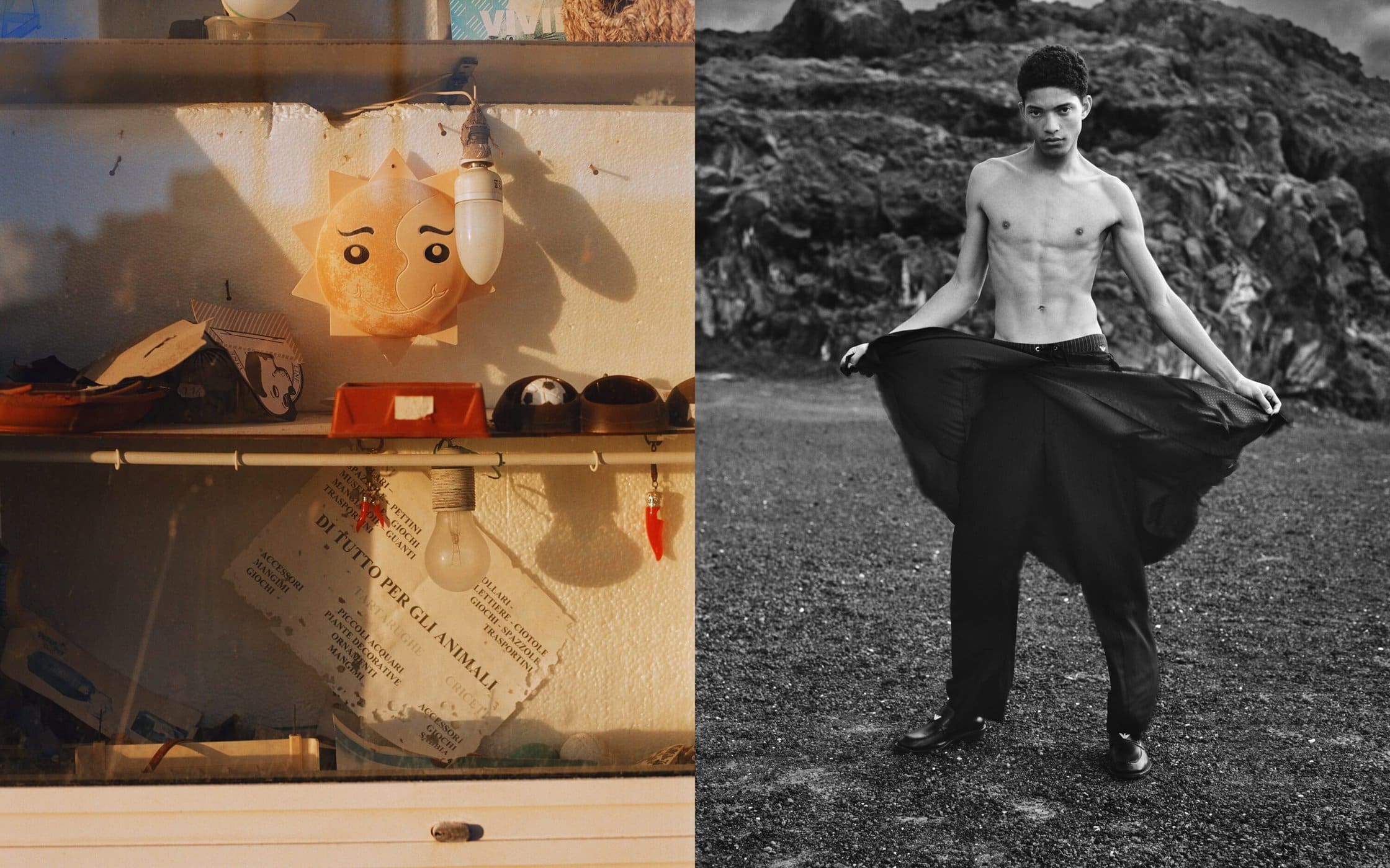 Monochrome fashion campaign image featuring model Jeranimo van Russel holding open a dark coat outdoors in Pantelleria.
